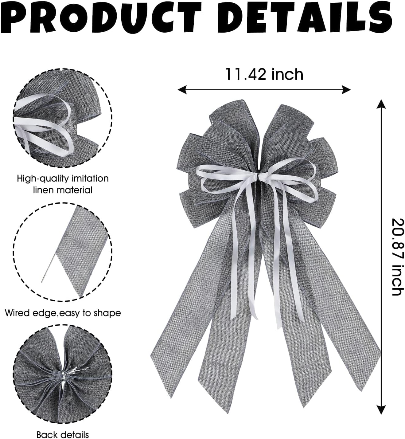YKW Large Gray Burlap Bow for Wreath 20x11 Inch - Modern Farmhouse Front Door Decor Tree Topper Winter Holiday Decorations Indoor Outdoor Neutral Ornaments - Image 2