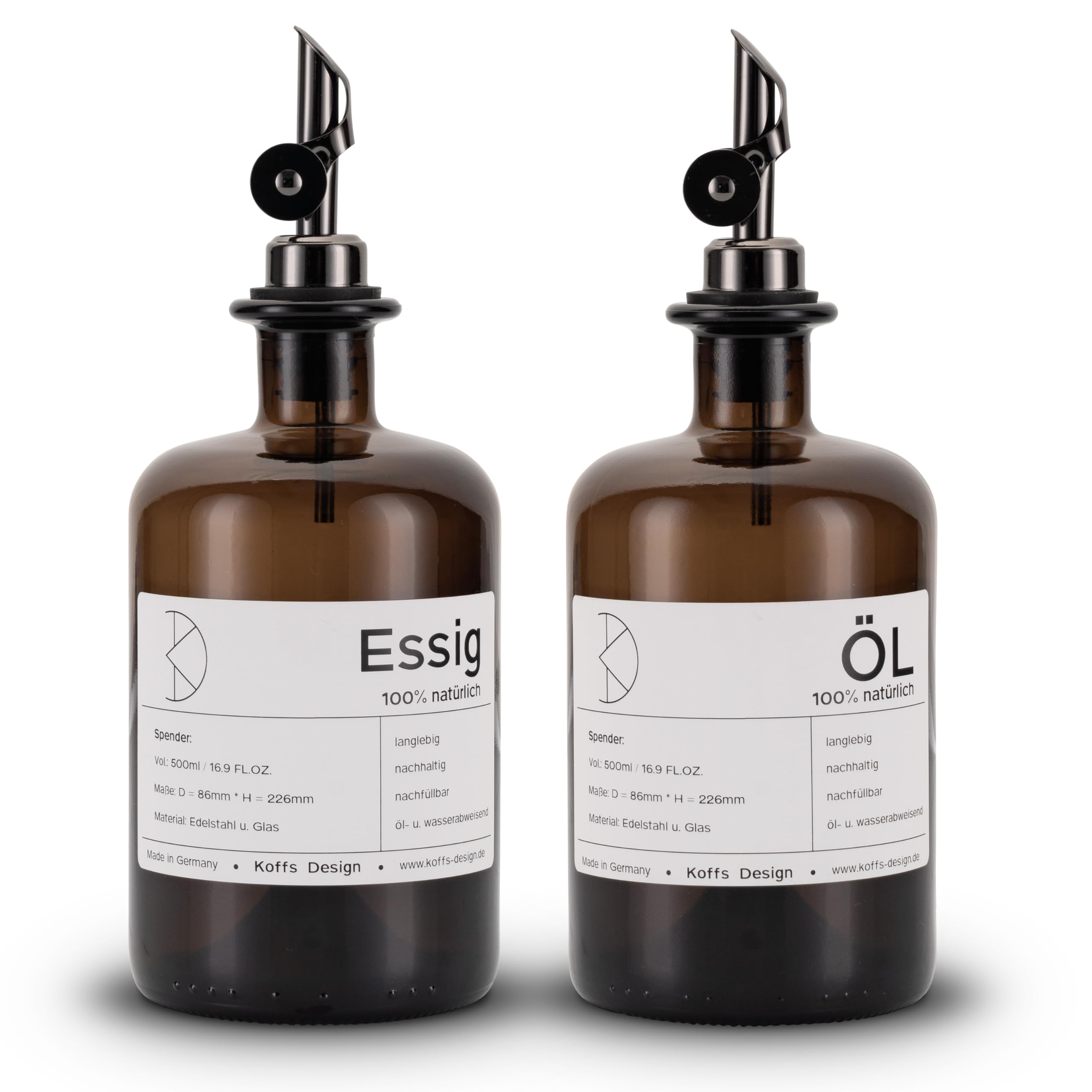 2 Ölspender Braunglas 500ml - Edelstahl Ausgießer Mit Aufklebern