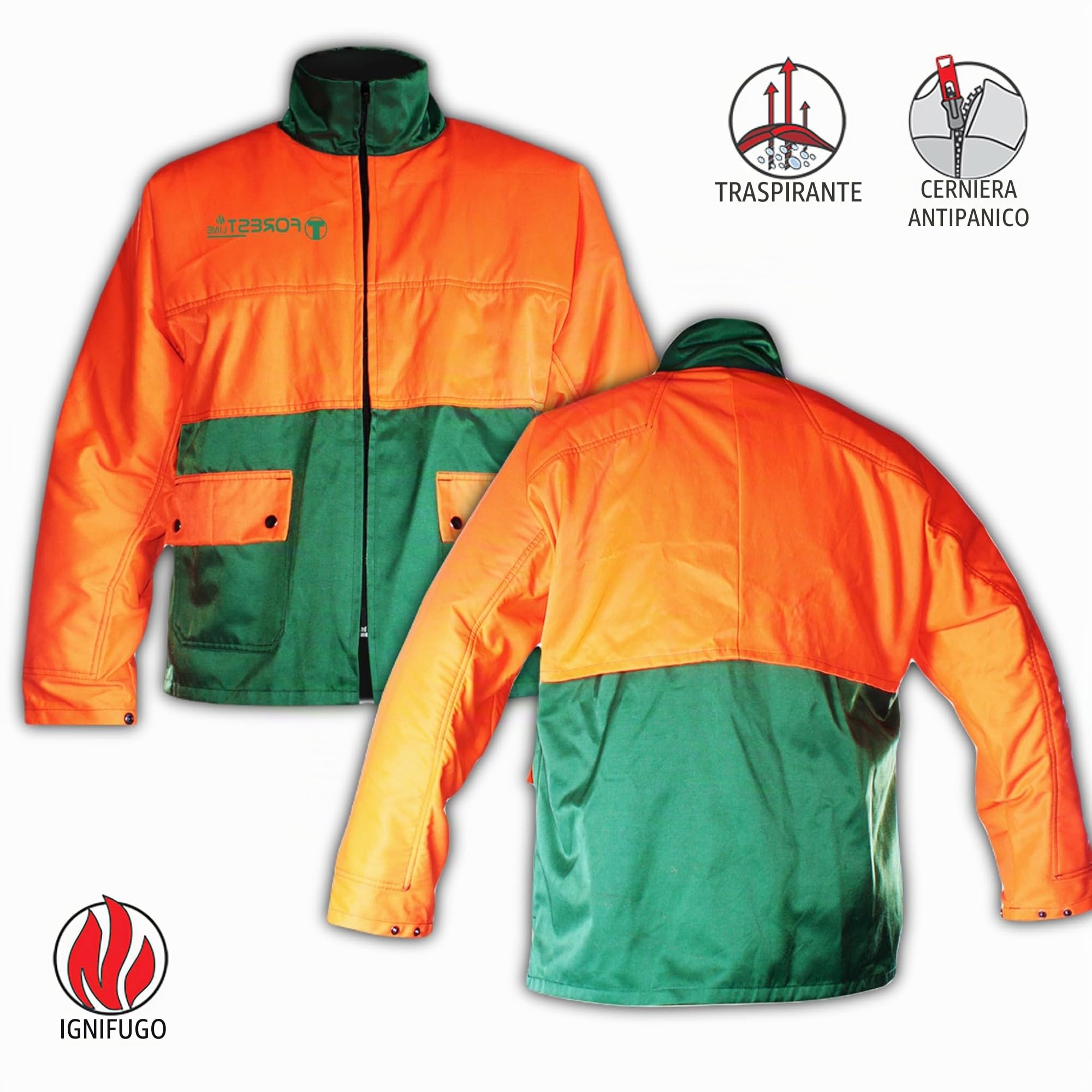 Bricoloco Giacca e Salopette pantaloni antitaglio Motosega 65% Poliestere e 35% Cotone con 12 Strati di Materiale Ritardante Taglio e Fodera 100% Poliestere.