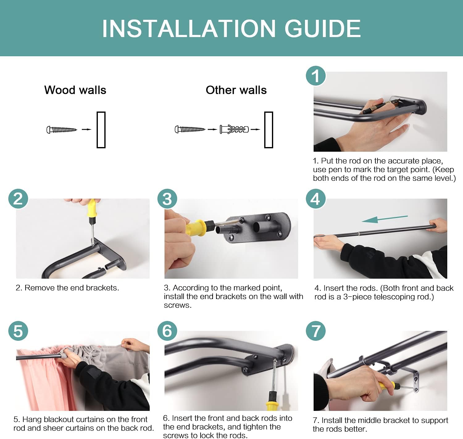 Double Curtain Rod Wrap Around Curtain Rods For Window 52 to 72 Inch Black Wrap Curtain Rod , Adjustable Length 52-72 Inch, Black : Home & Kitchen