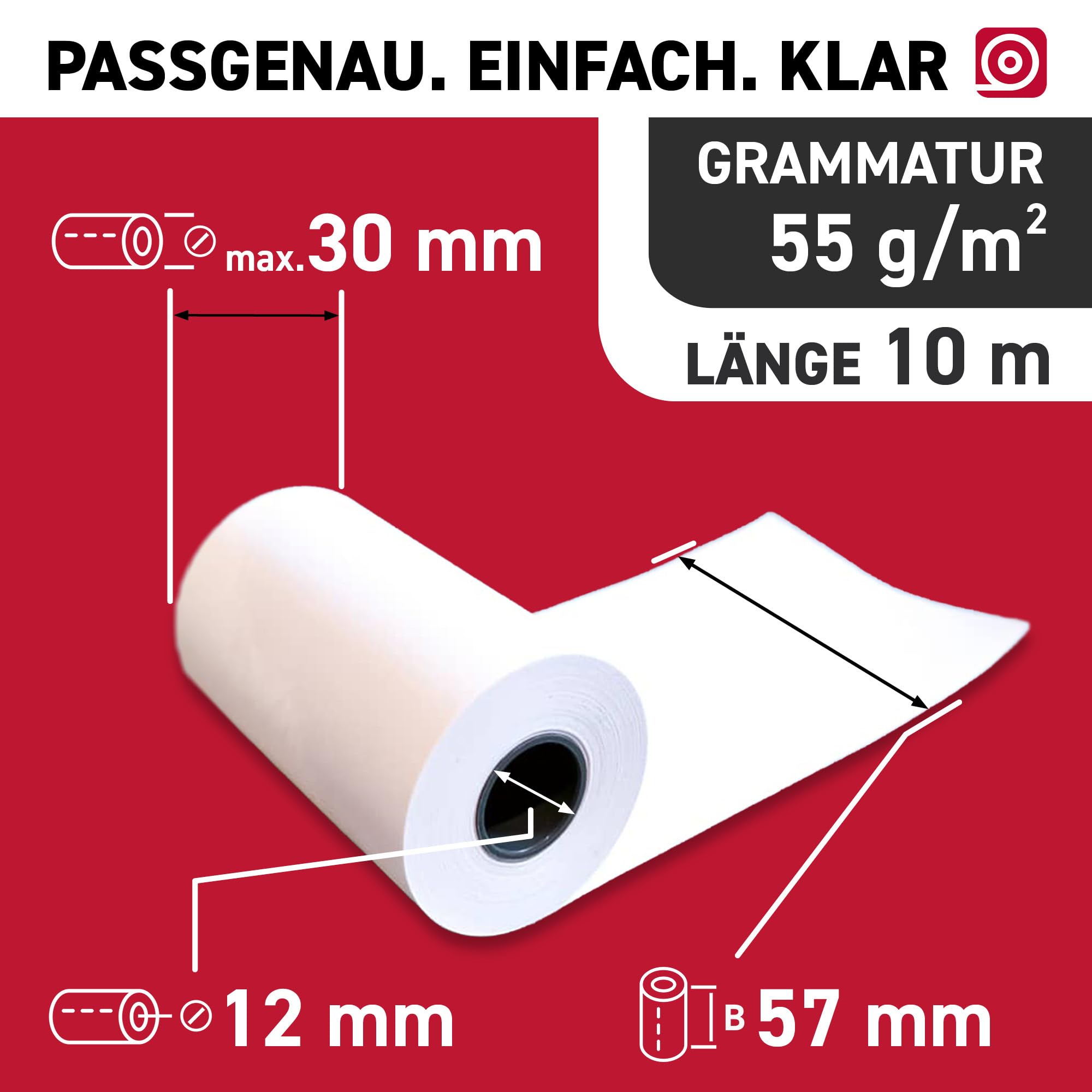 Thermorollen 57 mm x 10m x 12 mm mit 55g/m² – phenolfreies Thermopapier – 50 Kassenrollen mit ⌀ 30 mm – für EC-Cash & Kassenbondrucker