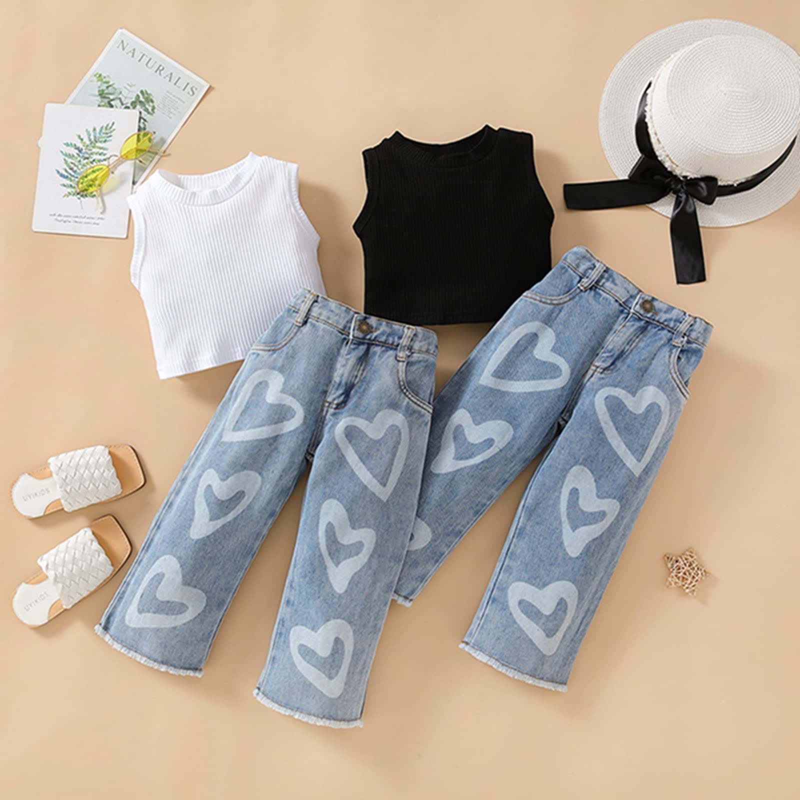 Fanvereka Trajes de verano para niños y niñas pequeñas, camiseta sin mangas, pantalones vaqueros, ropa de primavera