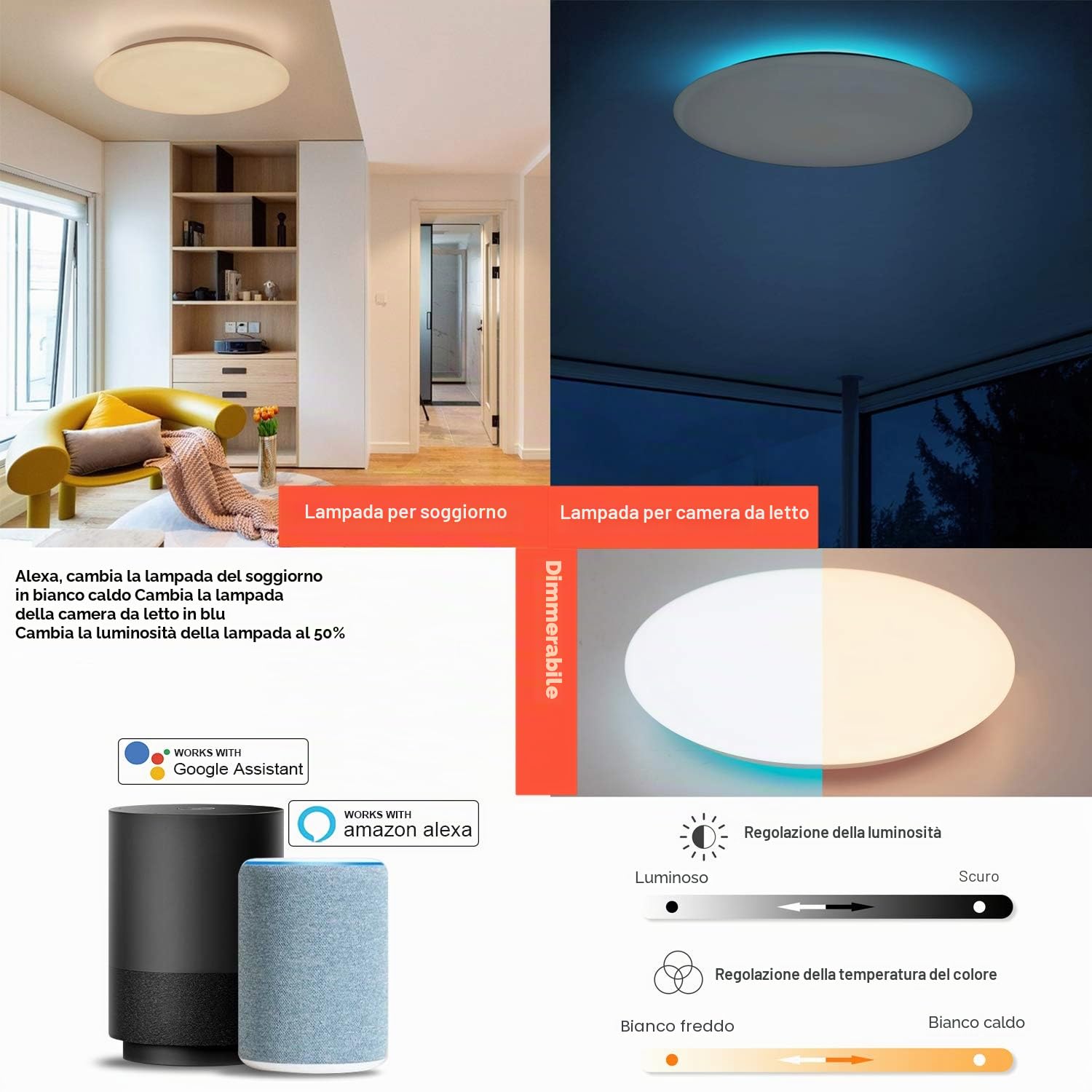 48W Φ50cm Plafoniera LED Compatibile Amazon Alexa Google Home Con Bluetooth Altoparlante Telecomando Luce Regolabile Cambia Colore RGB Lampada Da Soffitto WIFI Intelligente Per Soggiorno