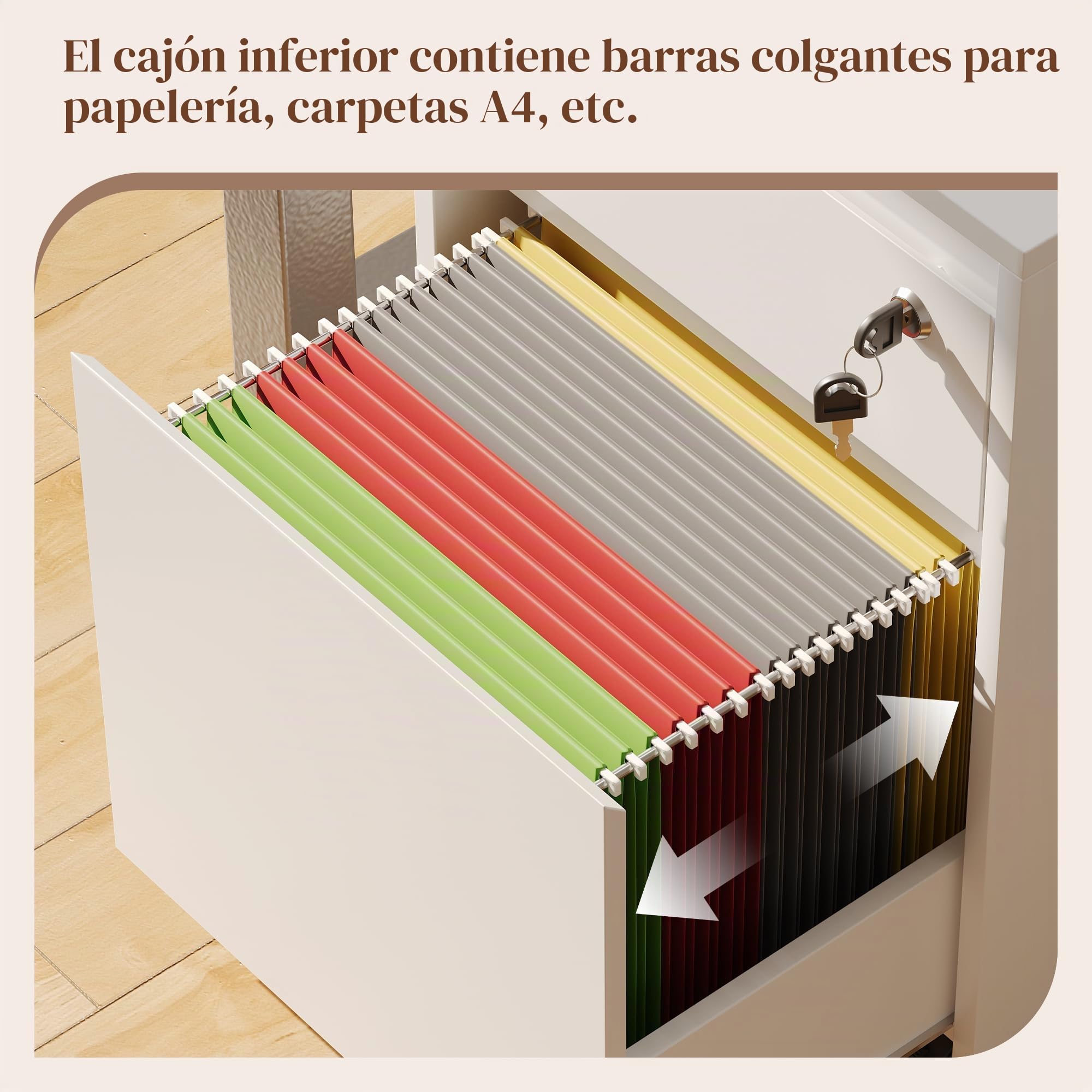 YOUDENOVA Cajonera Escritorio con 5 Ruedas, Cerradura, 2 Cajones Archivador con Barra Colgante, Cajonera Oficina con Ruedas Giratorias, Armario Almacenamiento para Papel A4, 40X40X57 CM, Blanco