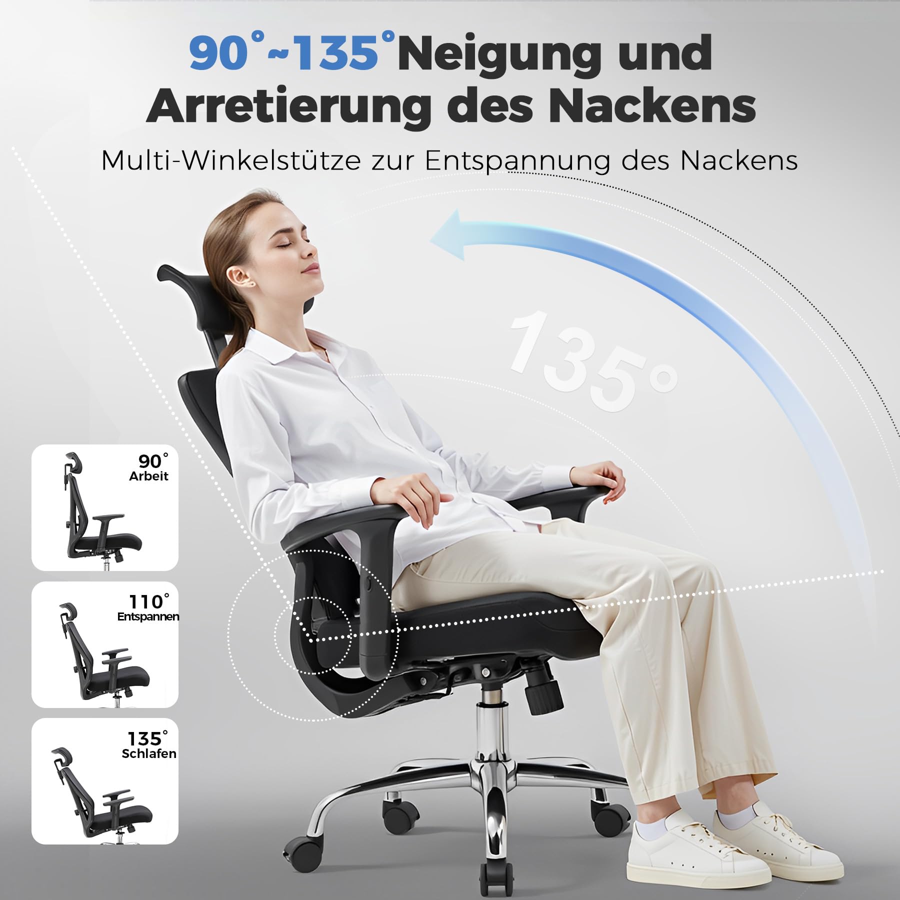 GTPLAYER Bürostuhl Ergonomisch [TESTSIEGER], Schreibtischstuhl mit 3D-Lendenwirbelstütze, Verstellbarer Kopfstütze und Armlehnen, Chefsessel Office Chair 150kg Schwarz