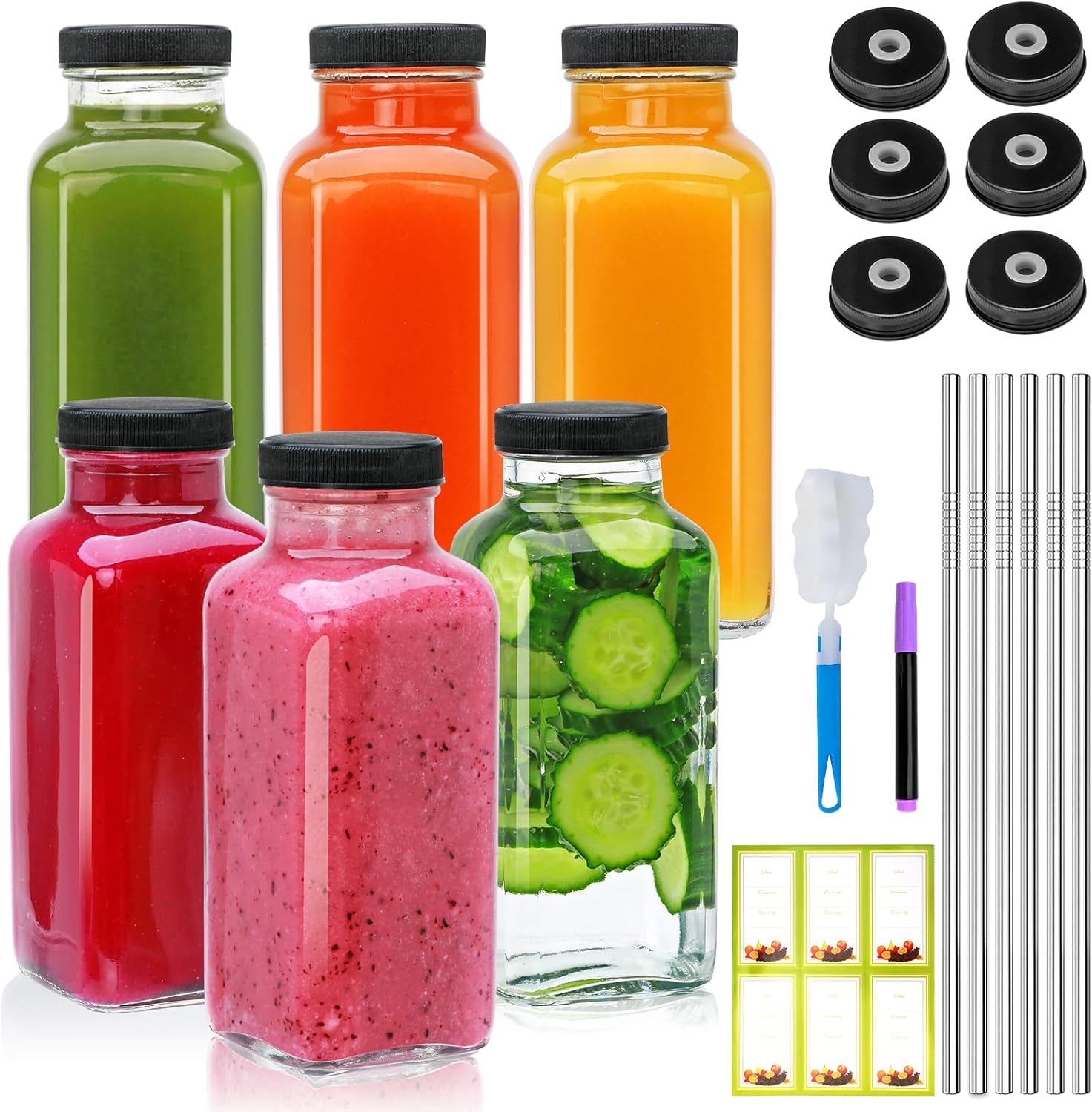 12oz Glass Bottles with lids,juice bottles gifts for women,glass bottles with lids,glass water bottles. Kit includes Stainless Steels Straws,Two Types of Lids,Cleaning Brush 6pcs