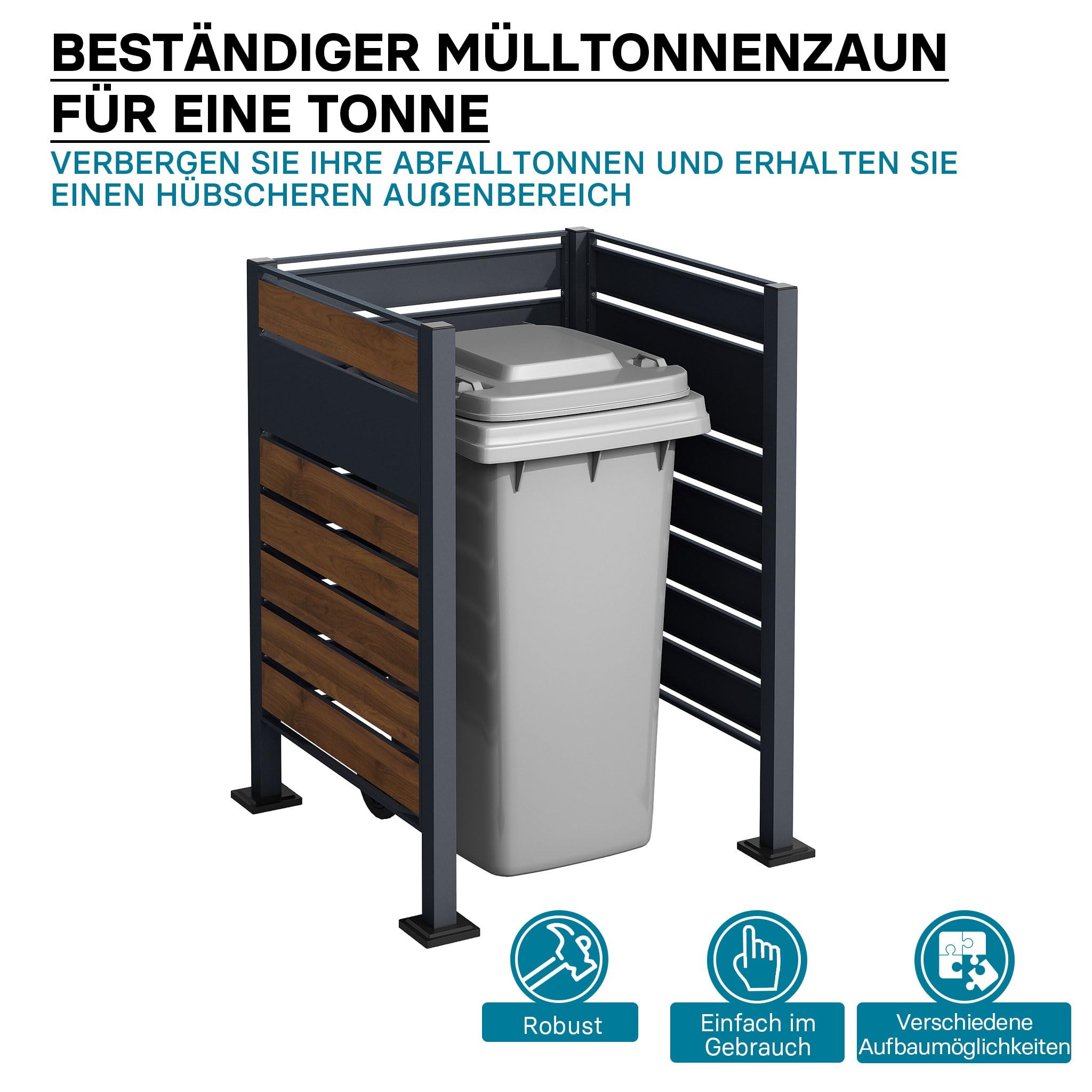 Wiltec Mülltonnenzaun aus Stahl in Holzoptik, Mülltonnenverkleidung für eine Tonne 60-240l, Mülltonnenbox, Sichtschutzzaun