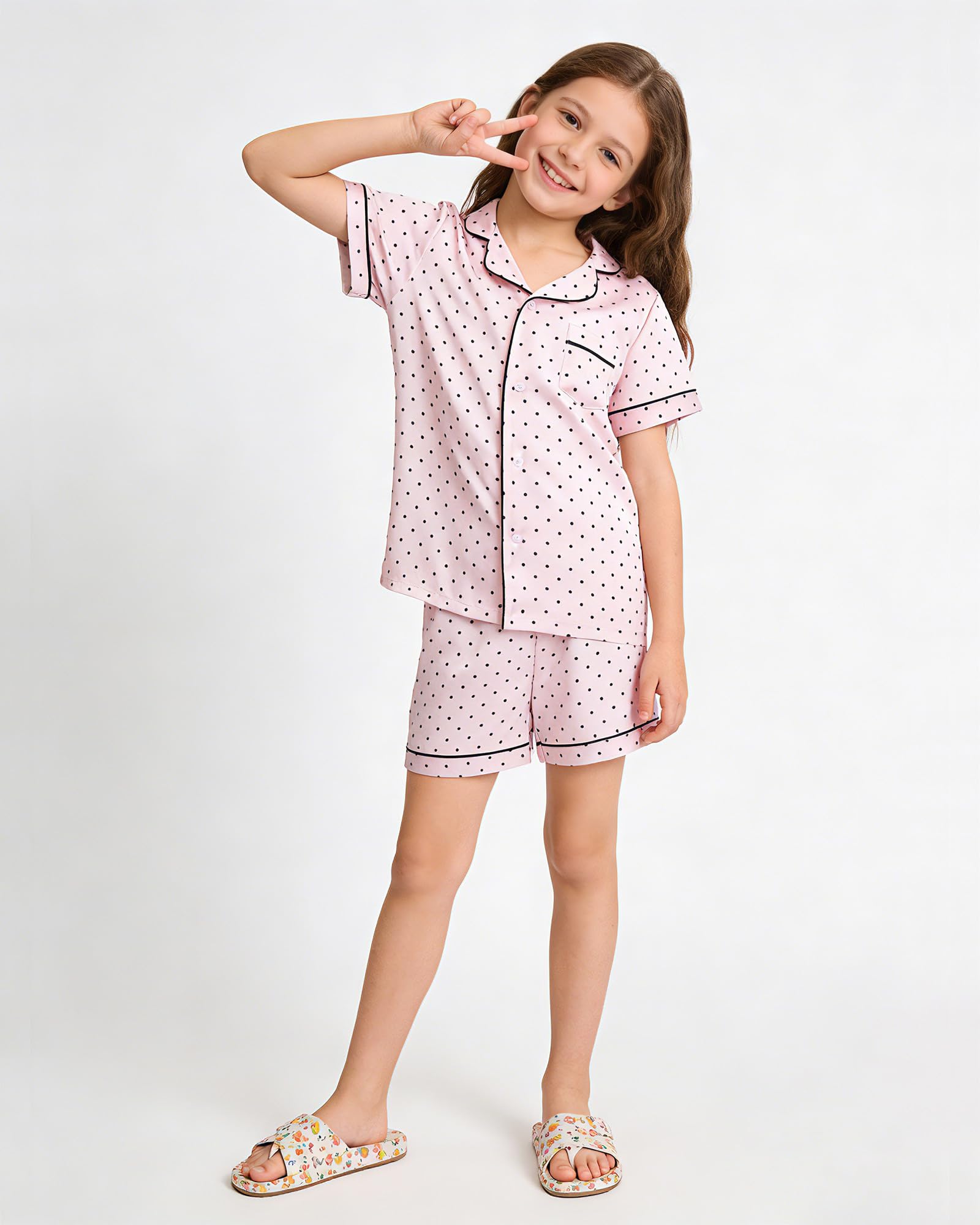 Satin Schlafanzug Mädchen Kinder Kurz Langarm Pyjama Set Dünnen Und Glatt wie Seide