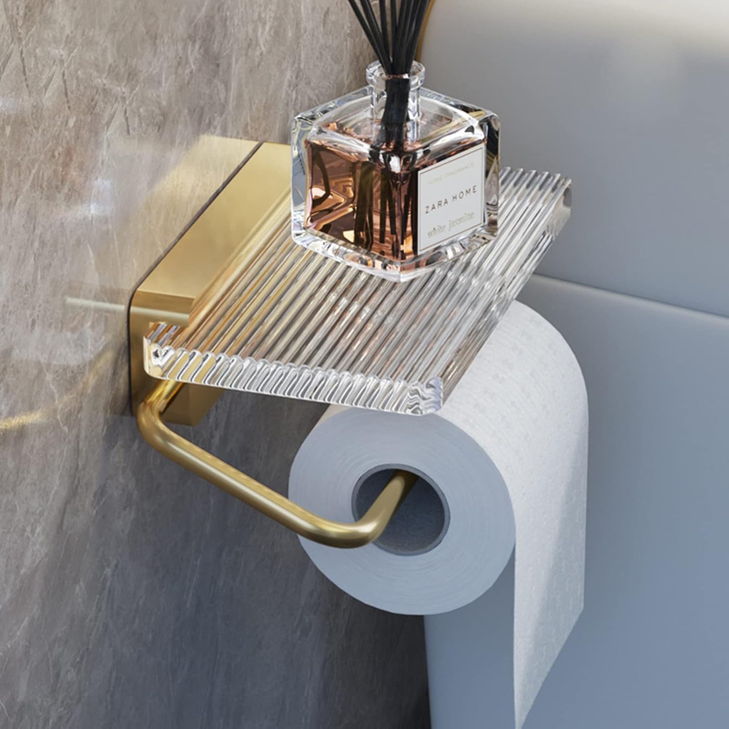 Portarrollos de papel higiénico con estante, montaje en pared, instalación adhesiva o perforadora, diseño que ahorra espacio, estante acrílico incluido