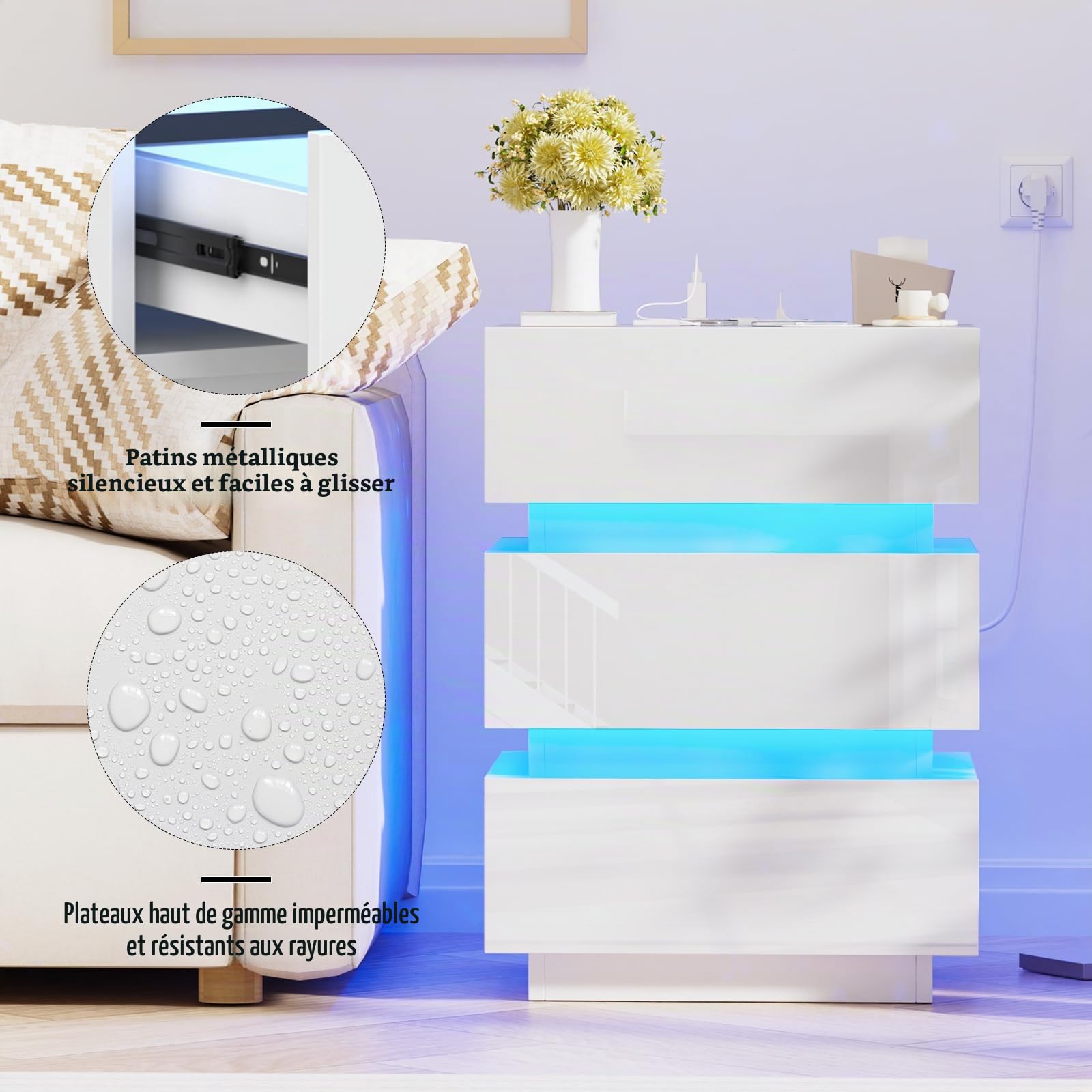 Table de Chevet, Table de Nuit LED avec 3 Tiroirs, Table de Chevet avec Prise Intégrée, Table d'Appoint Moderne, Table de Nuit Blanche pour Chambre à Coucher ou Salon. (Blanc, 62x35x45cm)