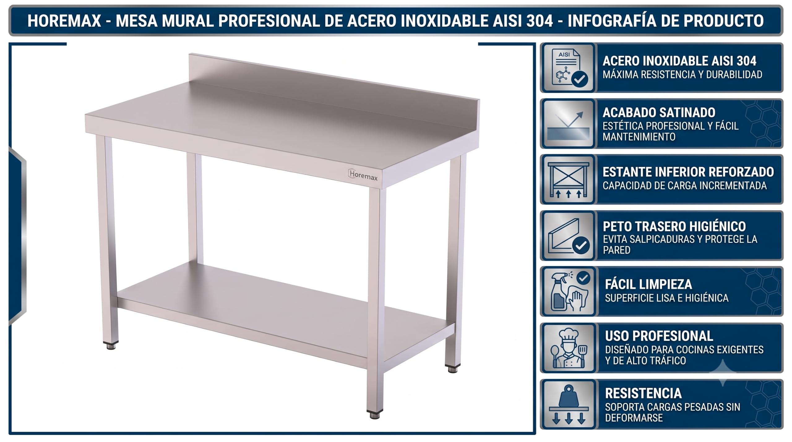 Mesa de Trabajo Mural en Acero Inoxidable AISI 304 para hostelería 100 x 70 x 85 cm, encimera Profesional con Peto Trasero de 10 cm, Estante Inferior Reforzado y Patas Regulables