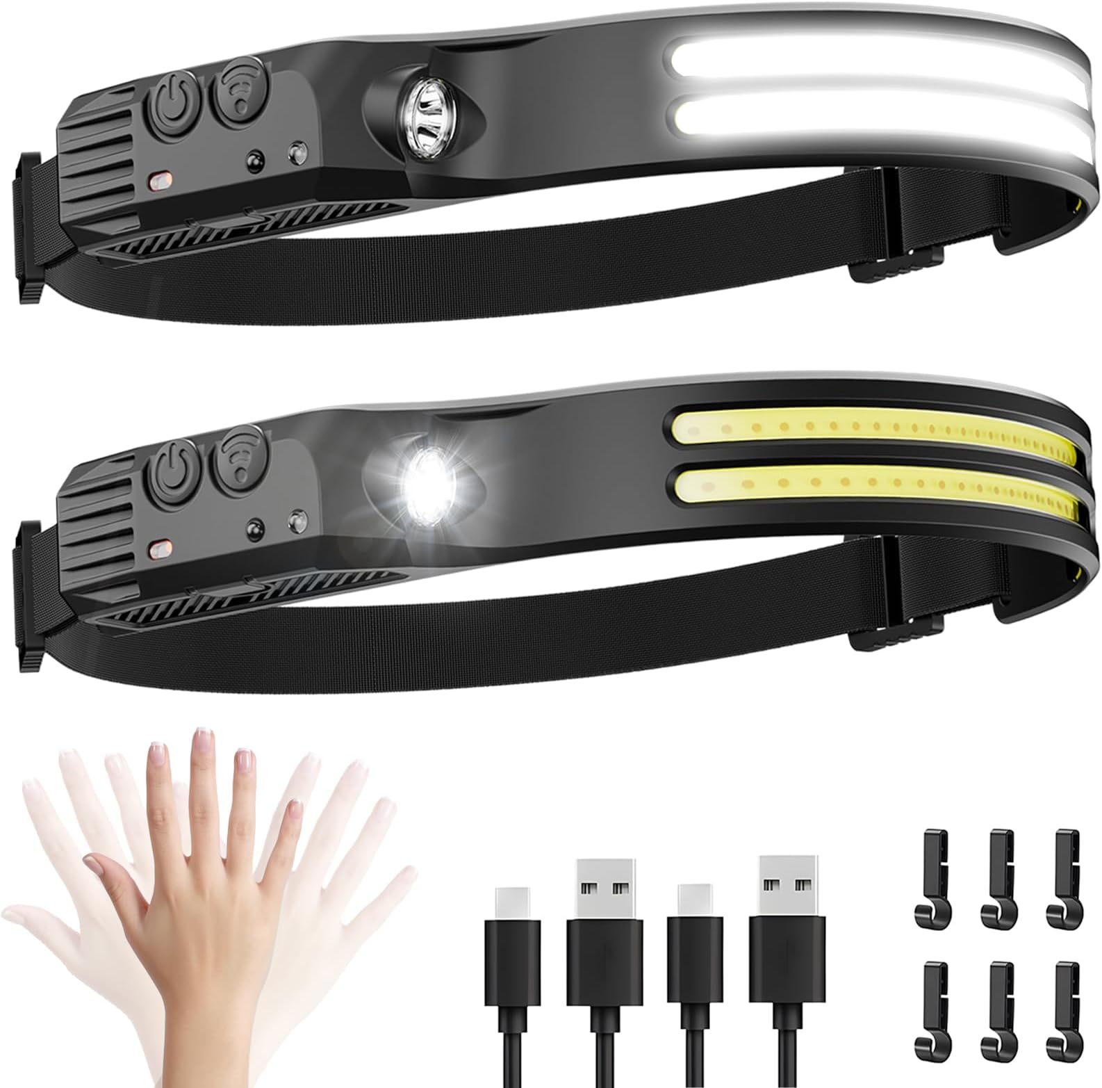 Beccason 2Pack LED Headlamp Rechargeable - 230° COB Super Bright Head Lights for Forehead, Hard hat Light for Adults, USB C Headband Flashlight for Work, Hunting, Running, Camping Essentials Gear