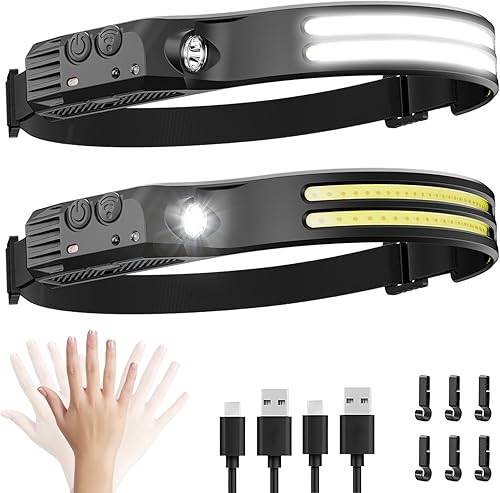 Miniatura 9 de Linterna frontal LED recargable, 3 unidades, luces de cabeza superbrillantes COB de 230° para la frente, luz de casco duro para adultos, linterna