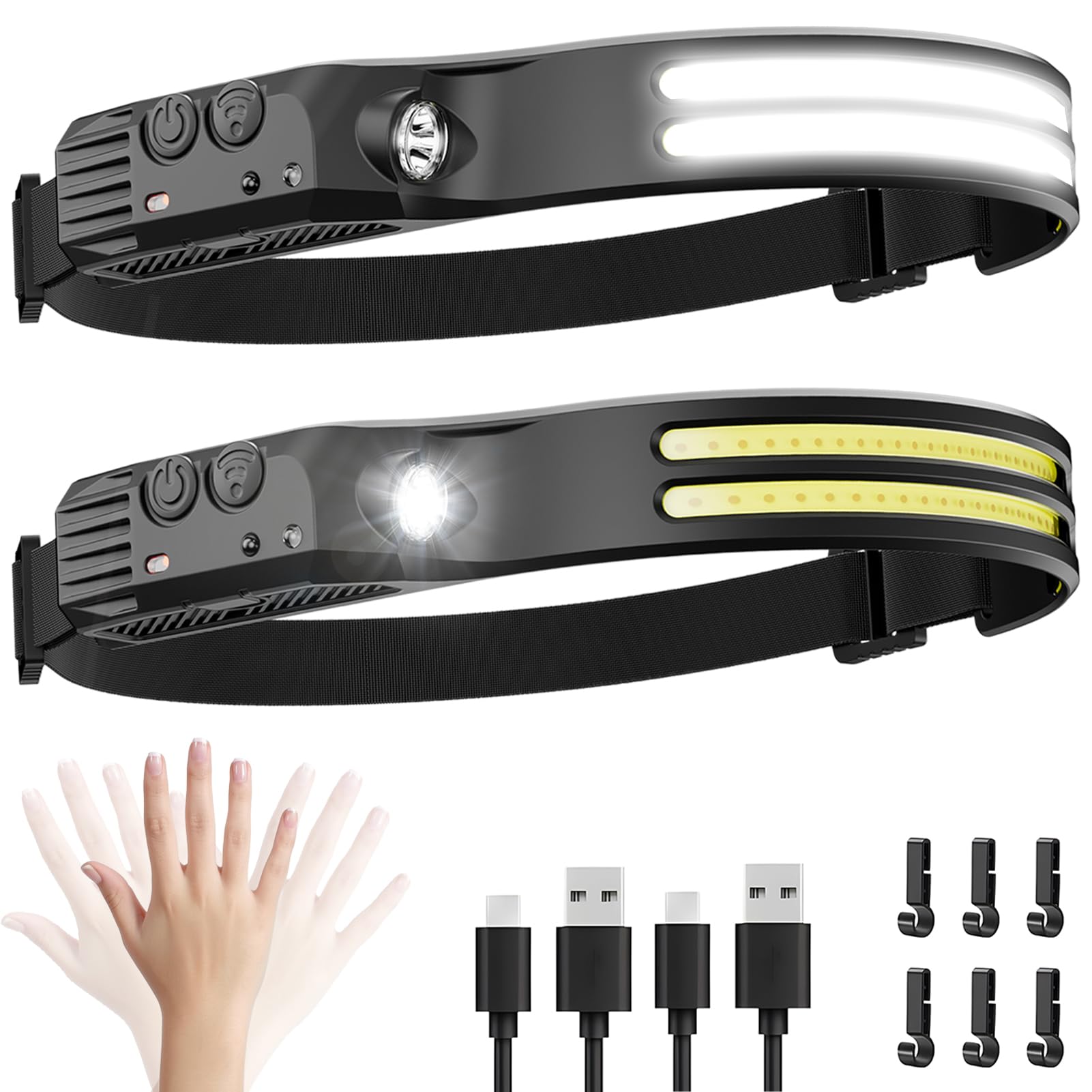 2PCS LED Headlamp Rechargeable - 230° COB Super Bright Head Lights for Forehead, Hard hat Light for Adults, USB C Headband Flashlight for Work, Hiking, Running, Camping Essentials Gear