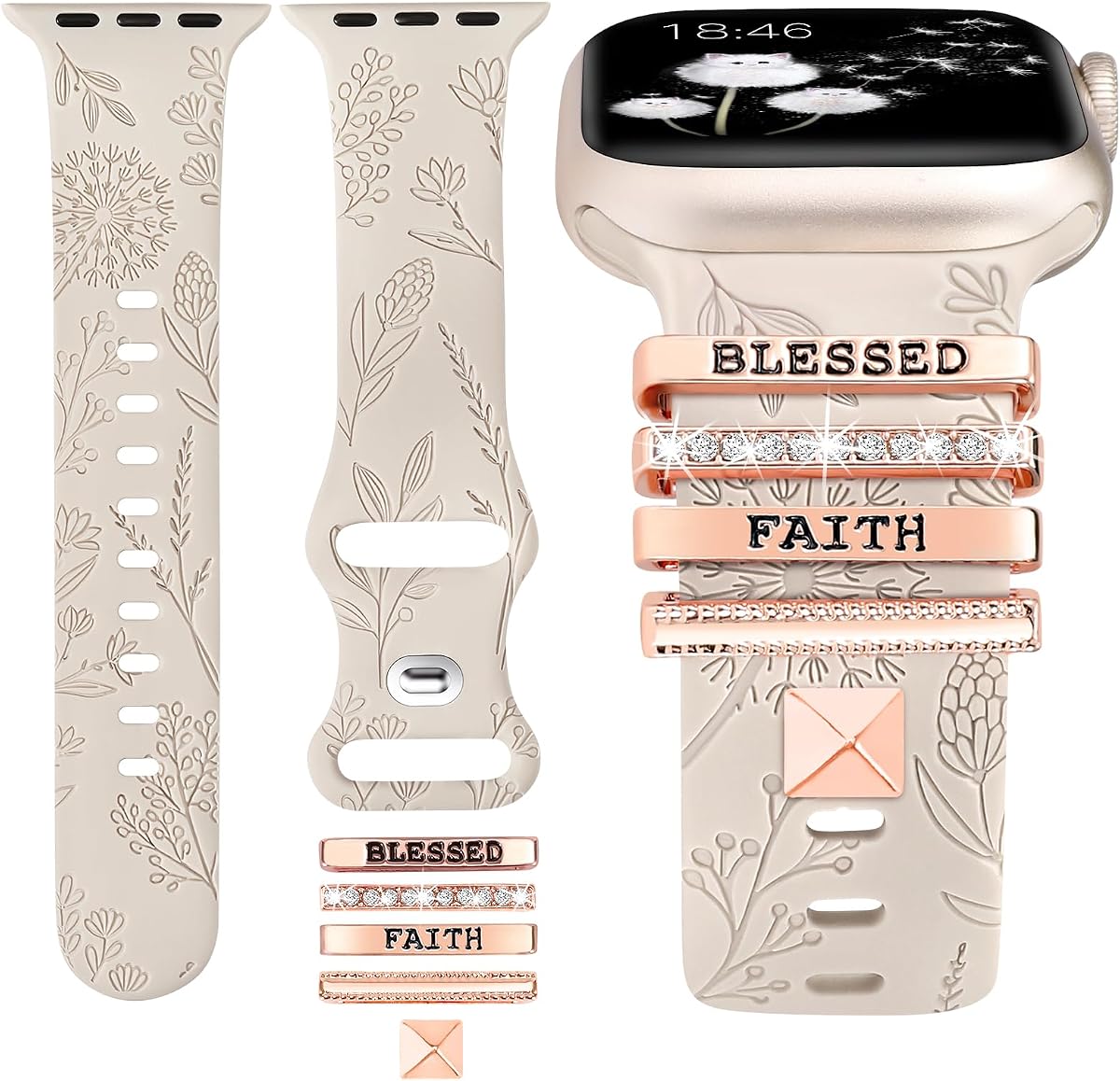 Compatible with Apple Watch Band with Charms 38/40/41/42mm Women, Decorative Ring Loop Floral Engraved Silicone Strap for iWatch Series 11 10 9 8 7 6 5 4 SE/Ultra 3 2 1, Starlight-FAITH