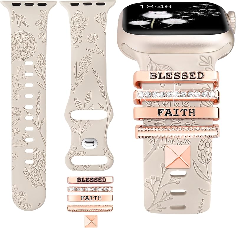 Compatible with Apple Watch Band with Charms 38/40/41/42mm Women, Decorative Ring Loop Floral Engraved Silicone Strap for iWatch Series 11 10 9 8 7 6 5 4 SE/Ultra 3 2 1, Starlight-FAITH