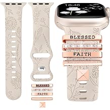 Compatible with Apple Watch Band with Charms Women 41mm 40mm 38mm 42mm 44mm 45mm 49mm Decorative Ring Loops Floral Engraved Silicone Strap for iWatch Ultra 2,Series 9/8/7/6/5/4/3/2/1/SEwith