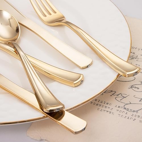 Miniatura 9 de Liacere 200 piezas de cubiertos de plástico dorados - Cubiertos de plástico dorados desechables incluyen 100 tenedores, 50 cucharas, 50 cuchillos.