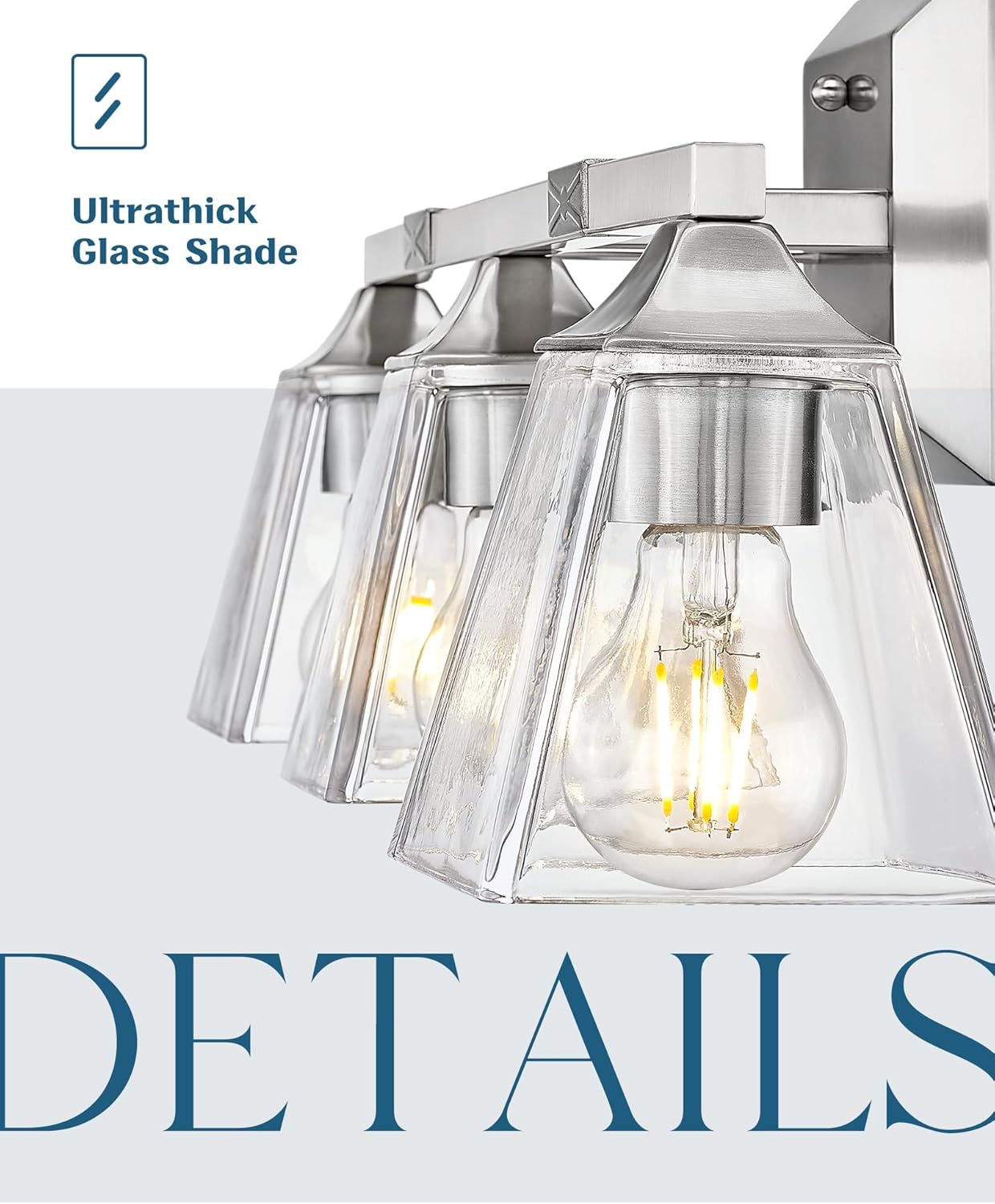 Modern Bathroom Light Fixture, HWH 3-Light Bathroom Light Fixtures Brushed Nickel Wall Vanity Light, Vanity Wall Lamp with Square Bell Glass Shade, 5HY68B-3W BN