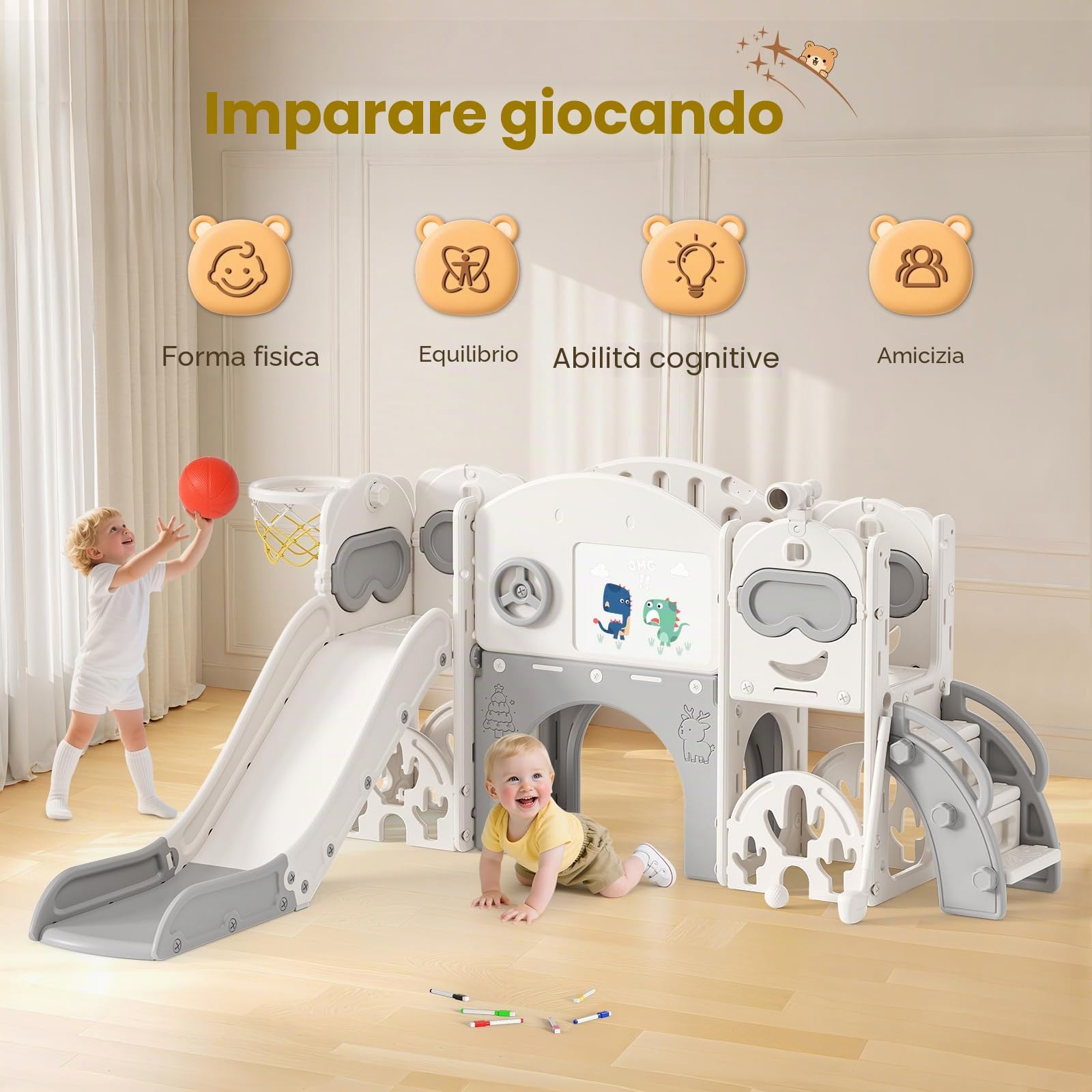 Scivolo per bambini 11 in 1, scivolo per bambini da interno ed esterno con canestro da grande con cestino da basket, telaio da arrampicata per giardino, spazio di archiviazione