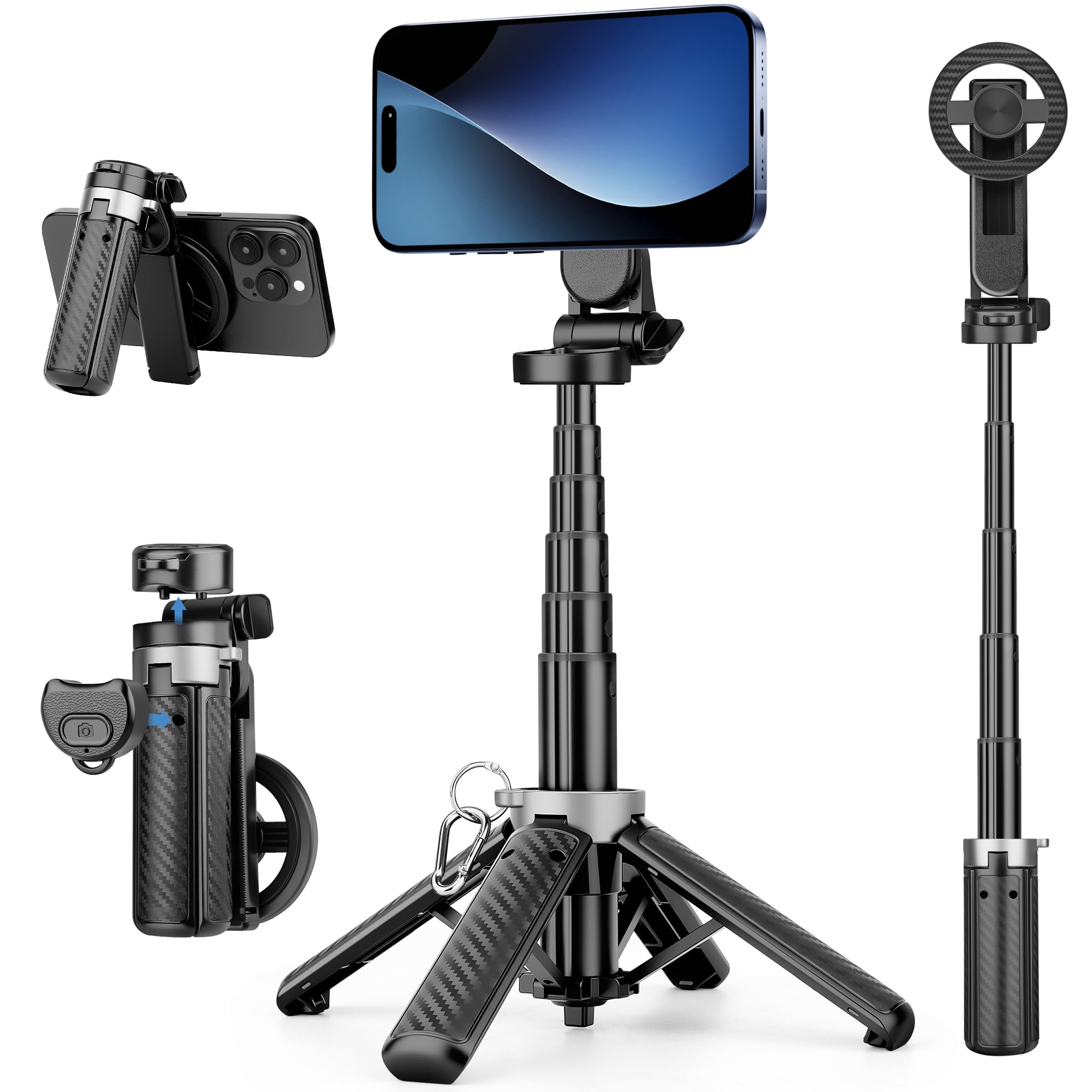 Treppiede magnetico per telefono, selfie stick treppiede con telecomando wireless e treppiedi leggeri per iPhone, compatibile con iPhone/Android