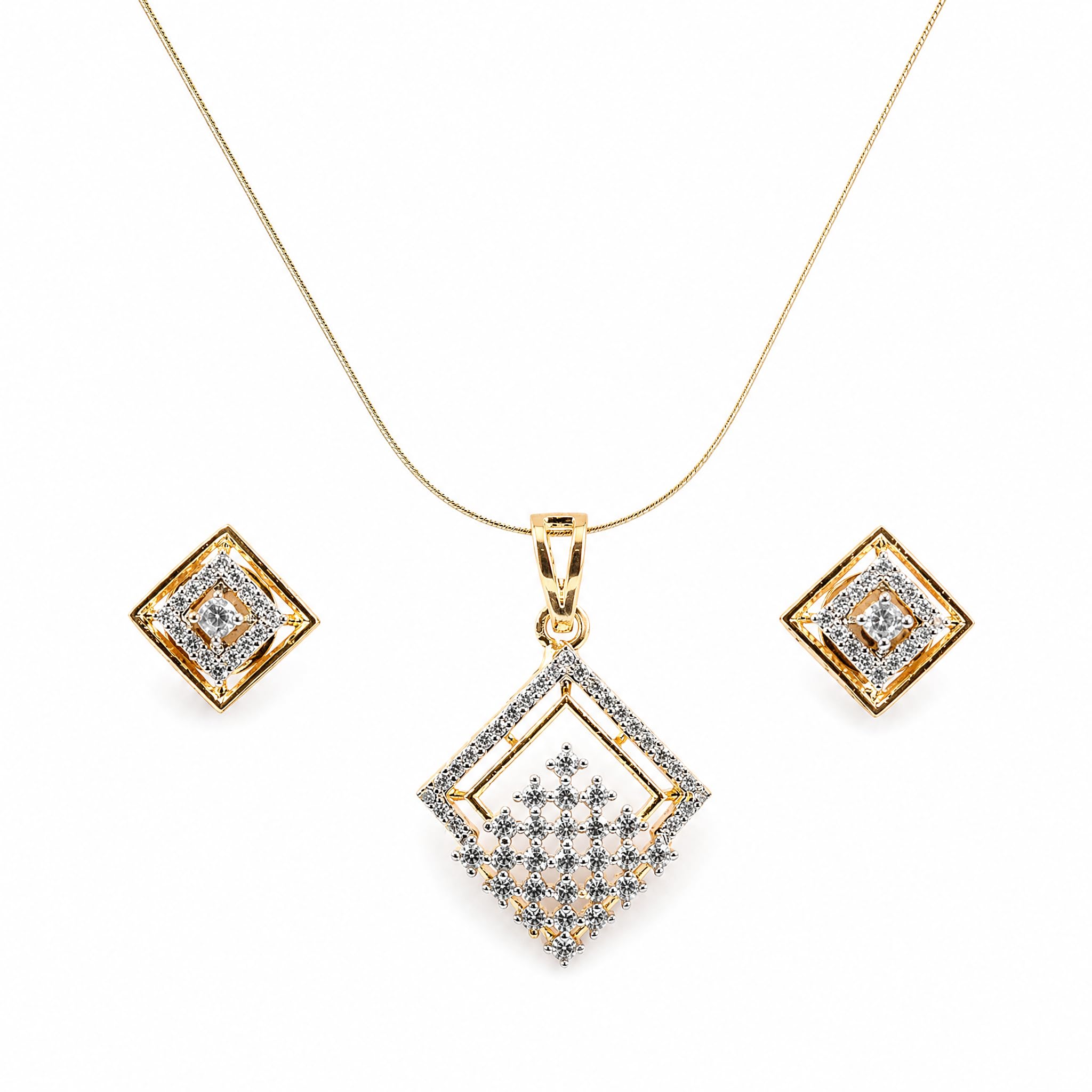 Cubic Zirconia Brass Base, Golden & Rhodium Plated Geometric Square Pendant Set with S-Hook Clasp Closure for Women | Golden, White-image-35
