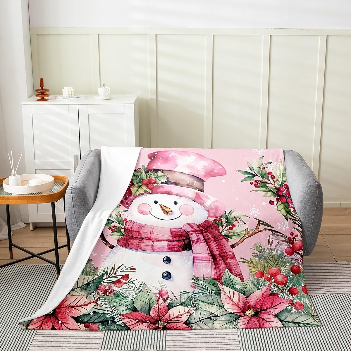 Happy New Year Throw Blanket Twin 60x80 Cartoon Winter Snowman Cute Deer Flannel Blanket for Kids Teens Adults White Snow Merry Christmas Rustic Style Bed Blanket for Office Chairs