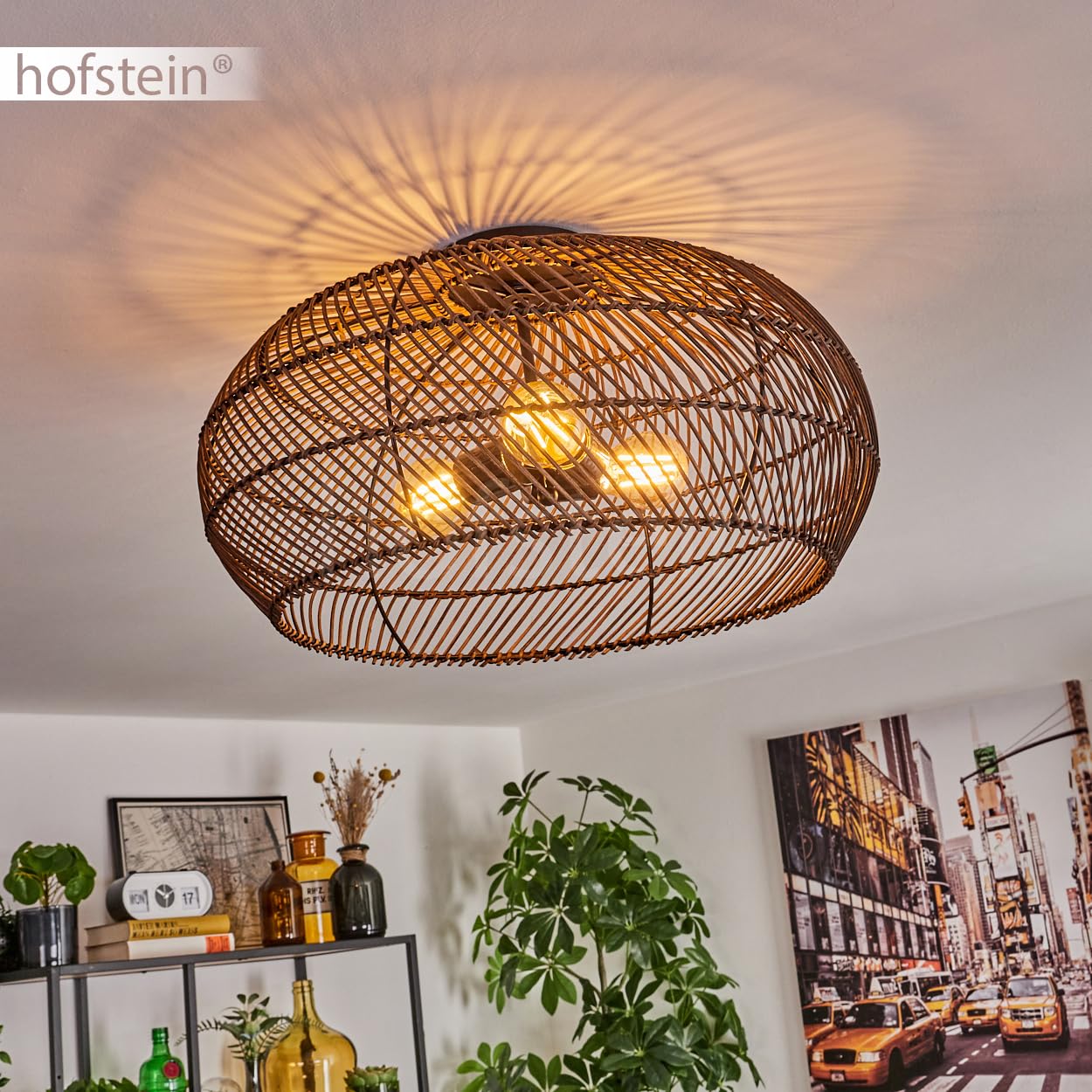 Plafoniera Brandala, lampada da soffitto moderna in metallo/rattan nero/marrone scuro, stile boho con un fantastico effetto luminoso sul soffitto, Ø 50 cm, 3 luci, x E27, senza lampadine