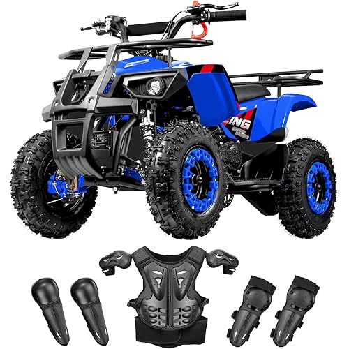 All Terrain 49cc Kids 4 Wheeler Gas ATV Gas Powered Four Wheeler with Hydraulic Brakes Safety Gear 15 MPH, Blue ATV, Red Sticker