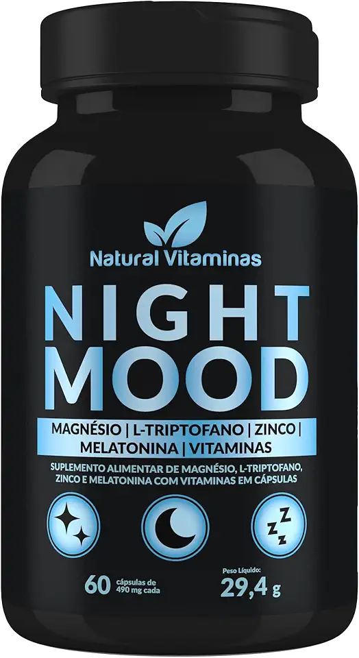 Melatonina, Triptofano, Magnésio, Zinco e Complexo B. Night Mood - 1 Pote com 60 Cápsulas de 490mg
