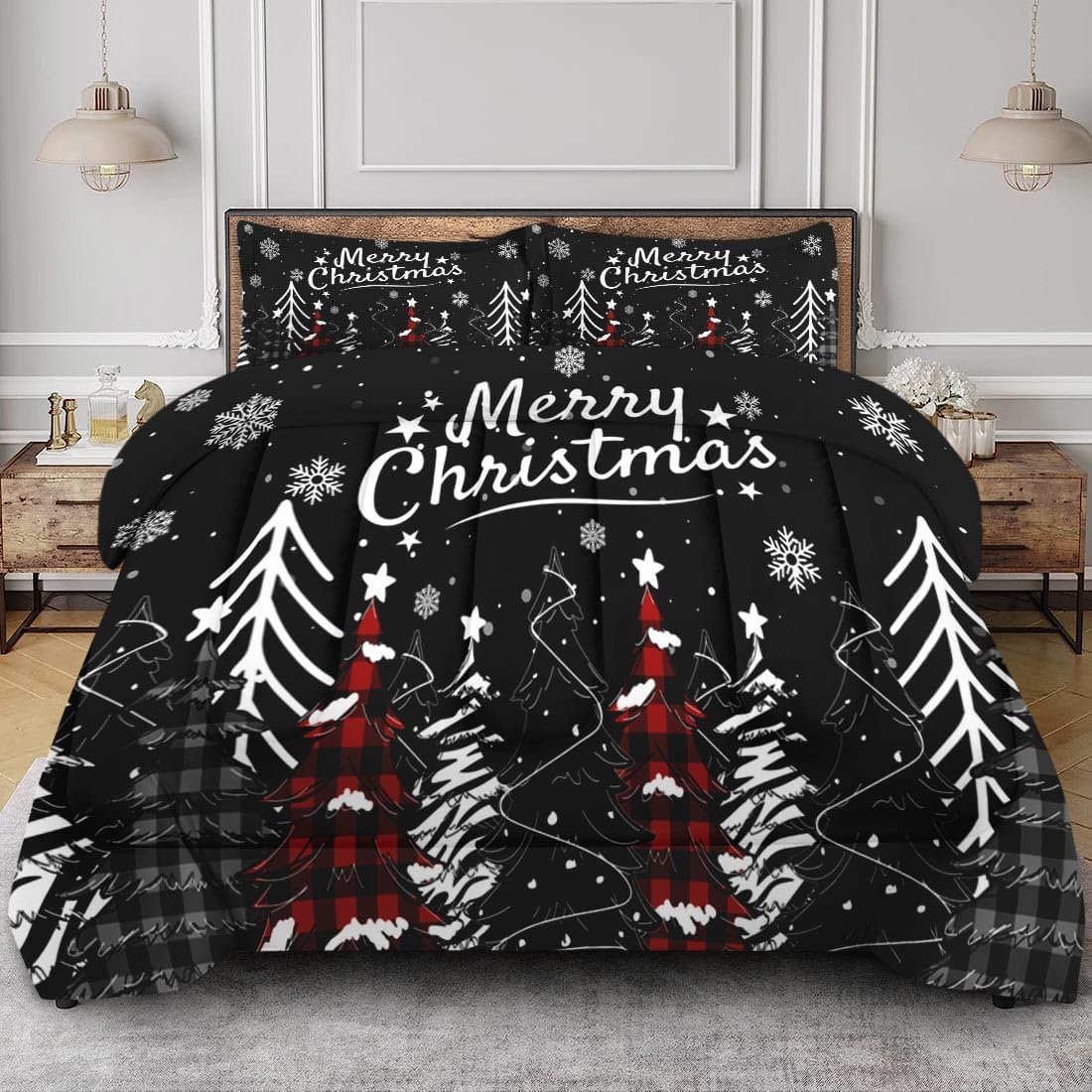 Comforter Set King Size Black Plaid Fir Tree Snowflakes