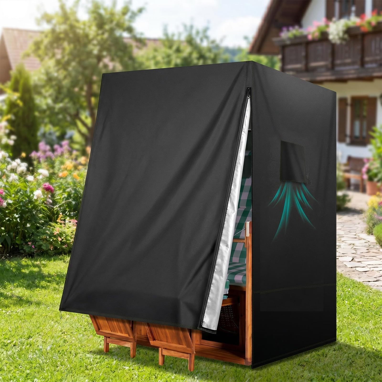 Strandkorb Schutzhülle 420D Oxford Wasserdicht Strandkorbhülle UV-beständige Abdeckung Abdeckhaube für Strandkörbe 120x90x160/145cm