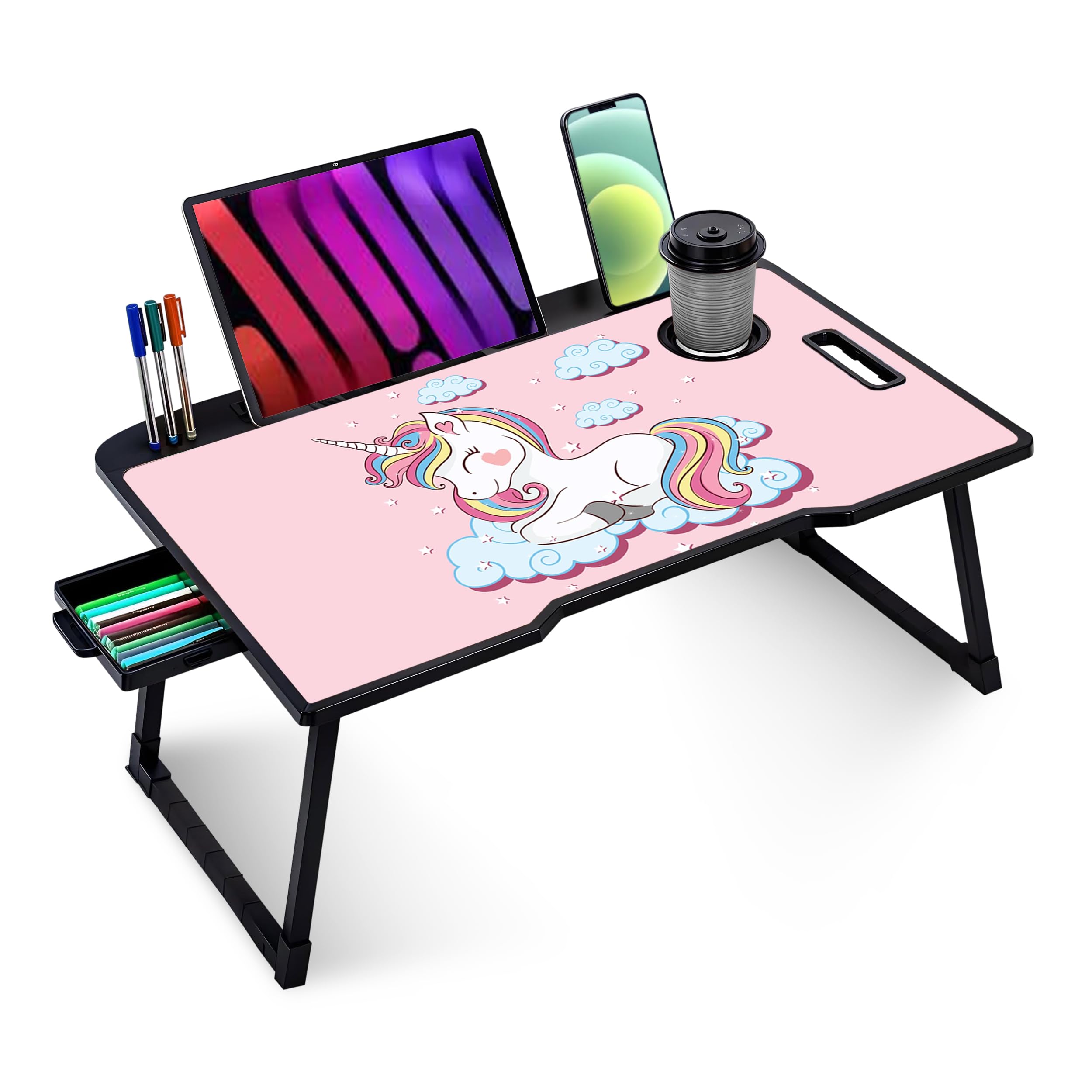TEKCOOL Smart Multipurpose Foldable Laptop Table with Cup Holder, Study Table, Bed Table, Breakfast Table, Foldable and Portable/Ergonomic & Rounded Edges/Non-Slip Legs (New Unicorn)