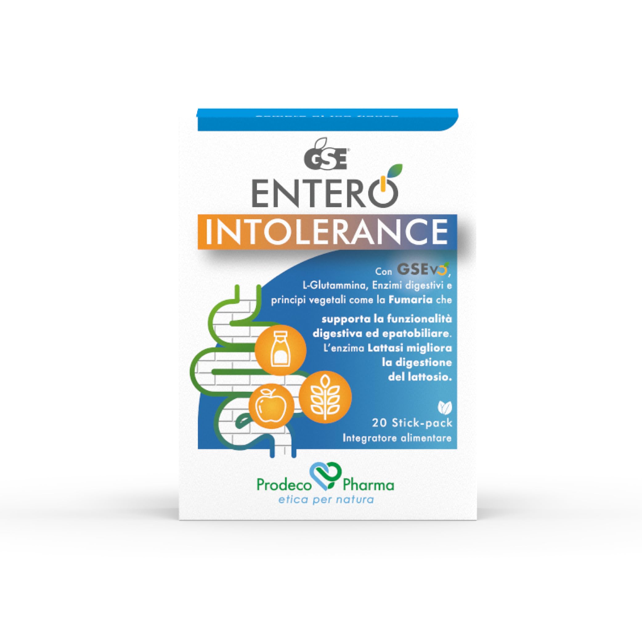 Prodeco Pharma GSE ENTERO INTOLERANCE 20 Stick-Pack - Integratore Alimentare con GSEvo, L-Glutammina, Enzimi Digestivi e Principi Vegatali