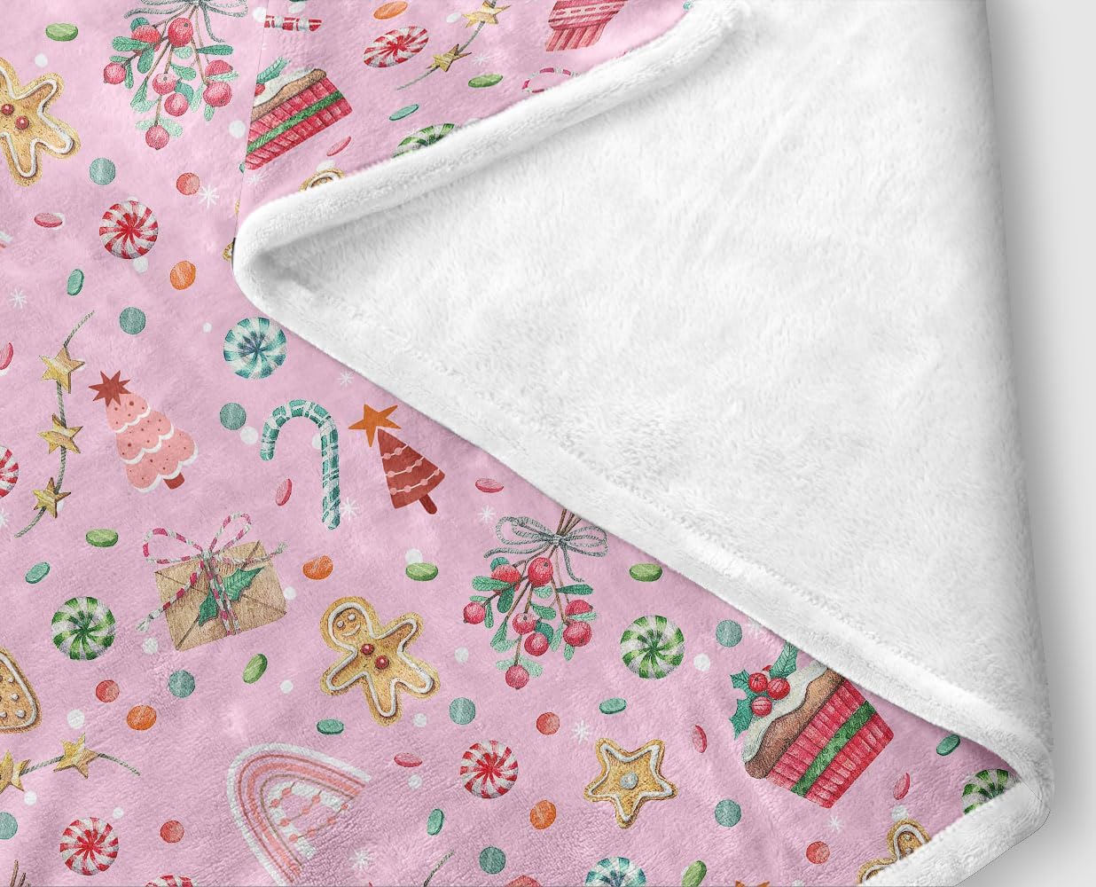 Pink Christmas Throw Blanket, Cute Colorful Holiday Soft Warm Cozy Plush Comfy Blanket for Couch Bed Sofa, Merry Christmas Candy Gingerbread Man Fleece Flannel Throws to Decorate Living Room Bedroom
