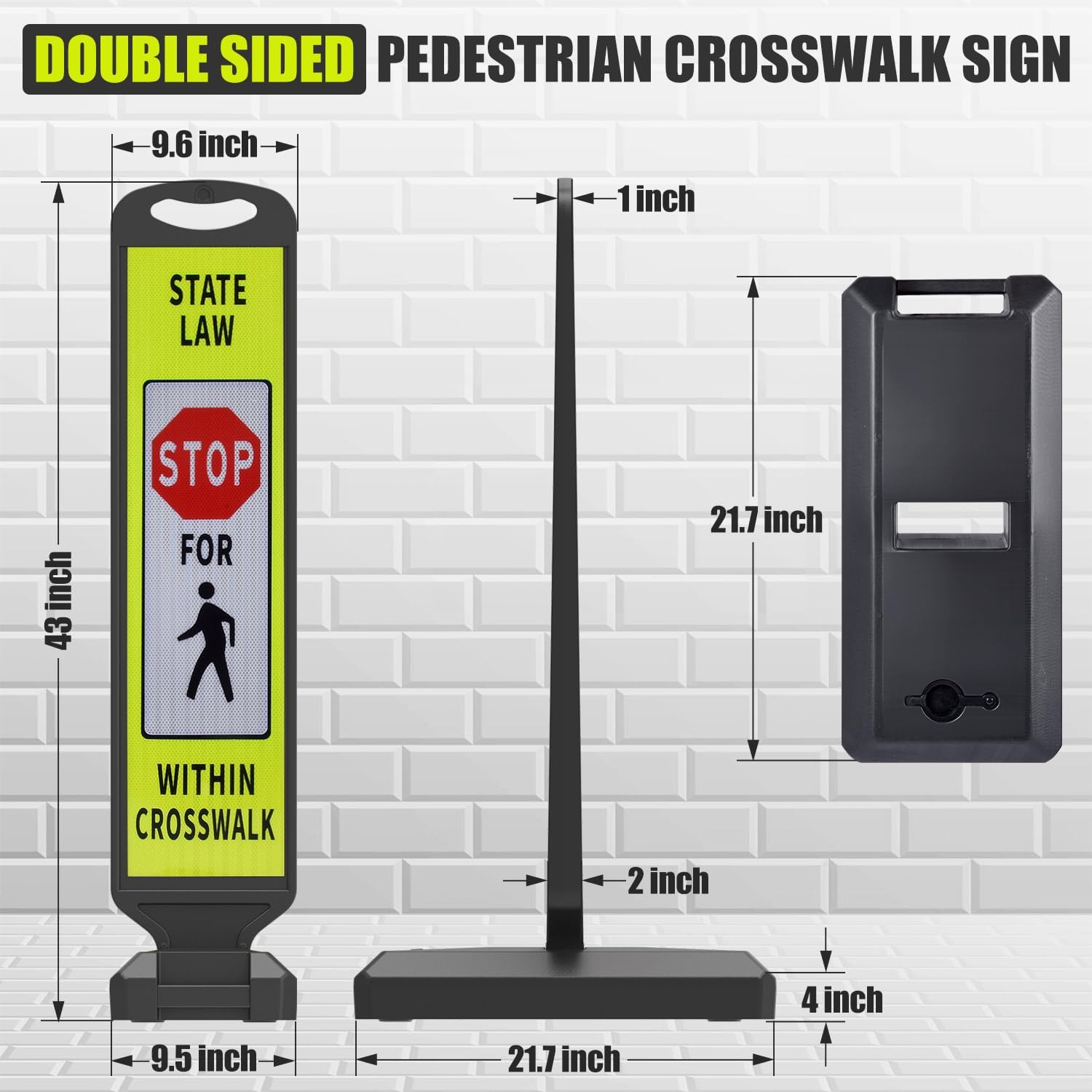 2 Pack 43" x 9.6" inch Double Sided Pedestrian Crosswalk Sign, 21.8" x 9.6" x 4" Durable HDPE Water Filled Base, Portable High Visibility Reflective Traffic Safety Parking STOP Signs (Yellow Green-2Pack)