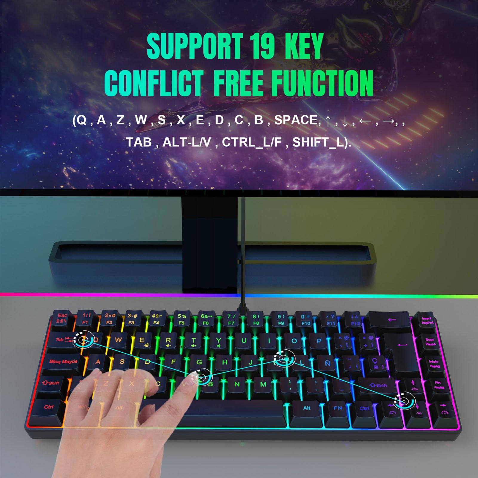 Bewinner Tastiera Meccanica da Gioco Al 60%, Tastiera Compatta Retroilluminata a LED RGB a 20 modalità con 68 Tasti, Tastiera Meccanica Ergonomica USB per Tablet PC Portatile (BLACK)