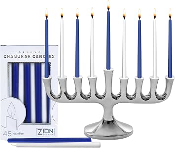 Stunning Sleek Designers Menorah with Candle Set - Elegant High Polished Minorah with 45 Chanukah Candles - fits Standard Size Hanukkah Candles or Oil Cup - High-class 2 in 1 Chanukiah By Zion Judaica