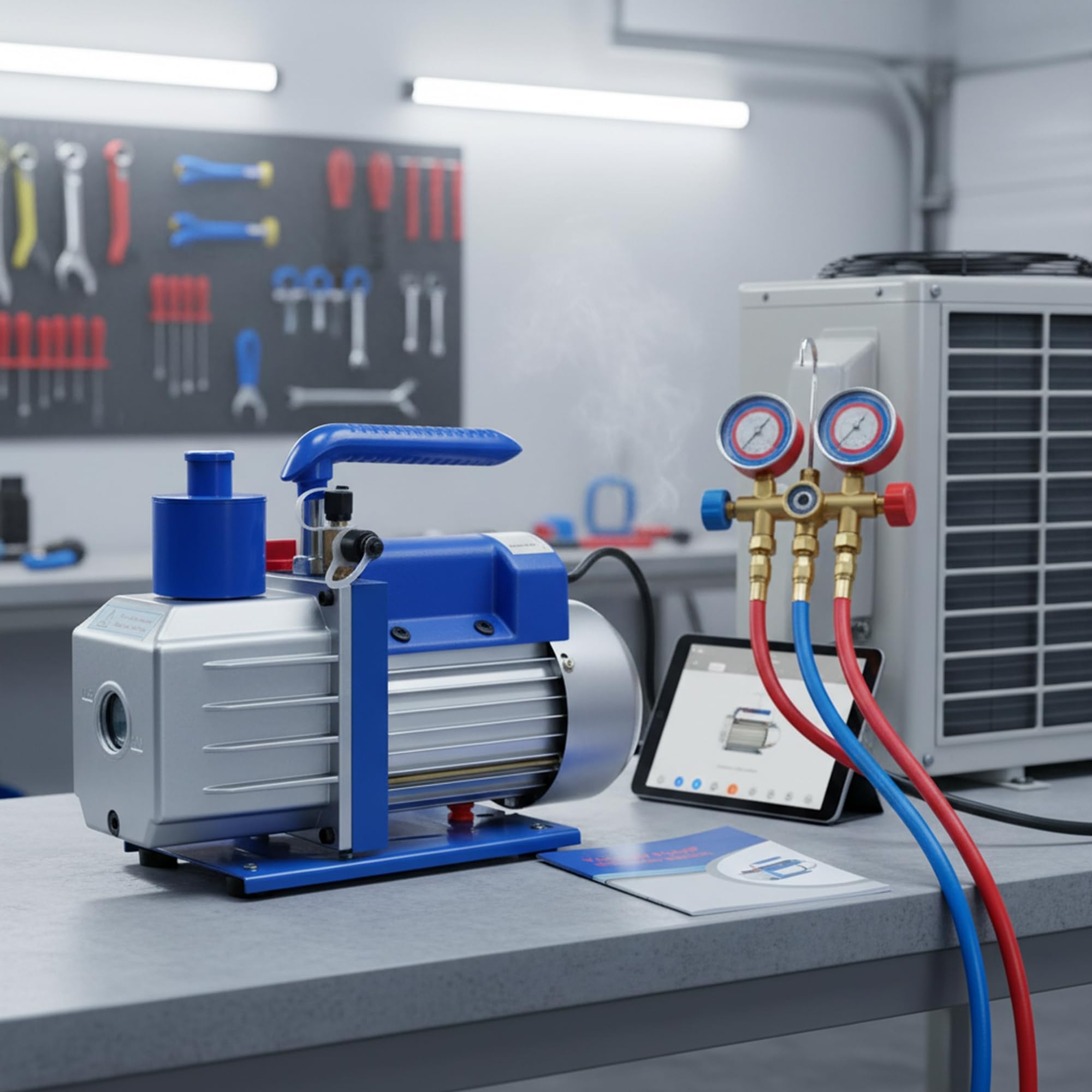 Mucola Vakuumpumpe Unterdruckpumpe für Klimaanlage 127 L/min 5 Pa 230 V | Rückschlagventil gegen Rückströmen, Aluminiumgehäuse leicht, Anschlüsse 1/4 und 3/8 Zoll, Ölbedarf 250 ml, für Kältetechnik