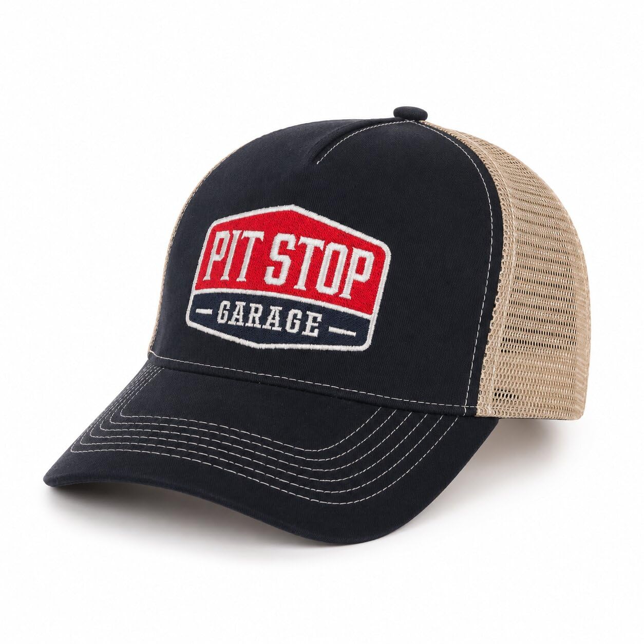 Droop Trucker Mesh Cap Men & Women Structured Cap Pitstop Embroidered Adjustable Blue and Beige-picture-23