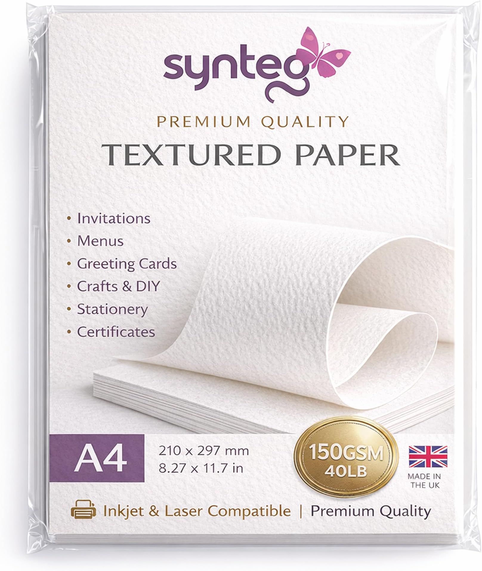 Textured A4 Paper 110gsm – Premium Printer Paper for Inkjet & Laser | Ivory & White Textured Paper for Invitations, Certificates, Menus & Craft (100, White)