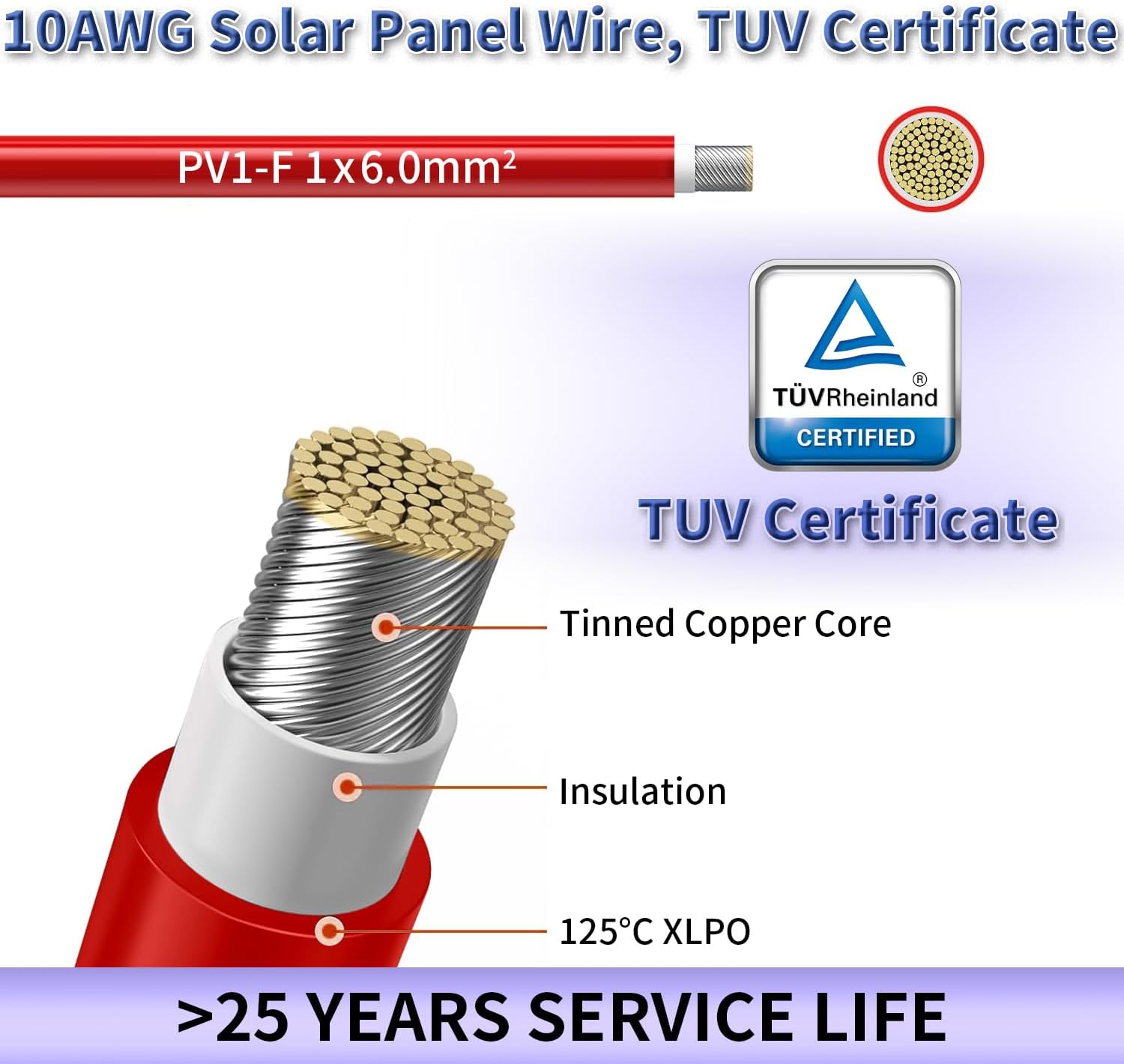 Solar Panel Wire, Red Color,100FT 10AWG Tinned Copper Extension Cable for Solar Panel Off Grid Solar System Outdoor Automotive RV Boat