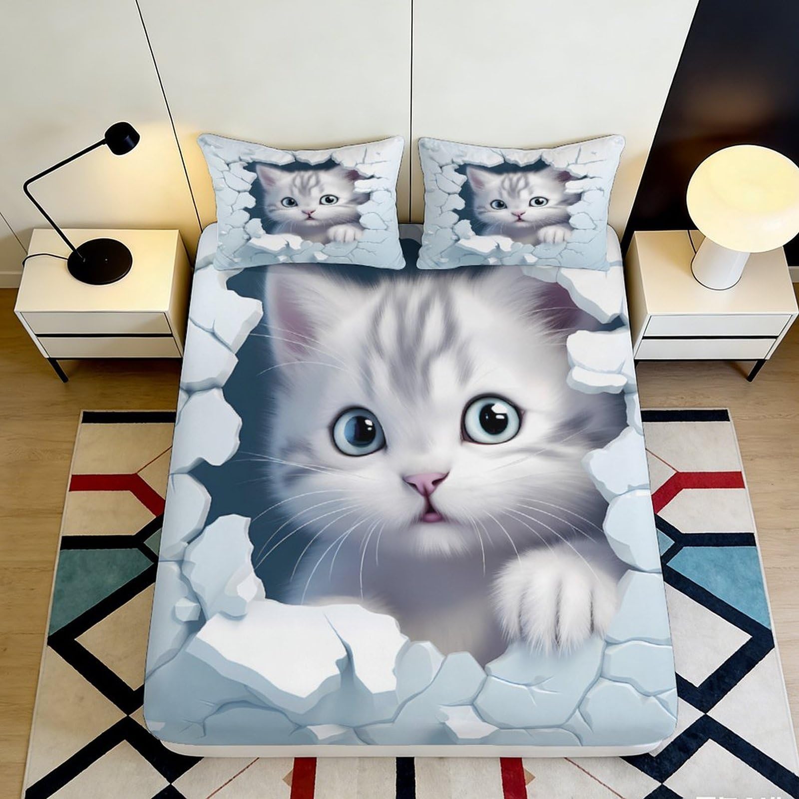 Qjzxknhpgr Style-8 3D Printed Cute Cat Fitted Sheet Microfiber Soft Bedroom Decor Kitten Bed Cover Dorm Mattress Protection 90X200x25cm