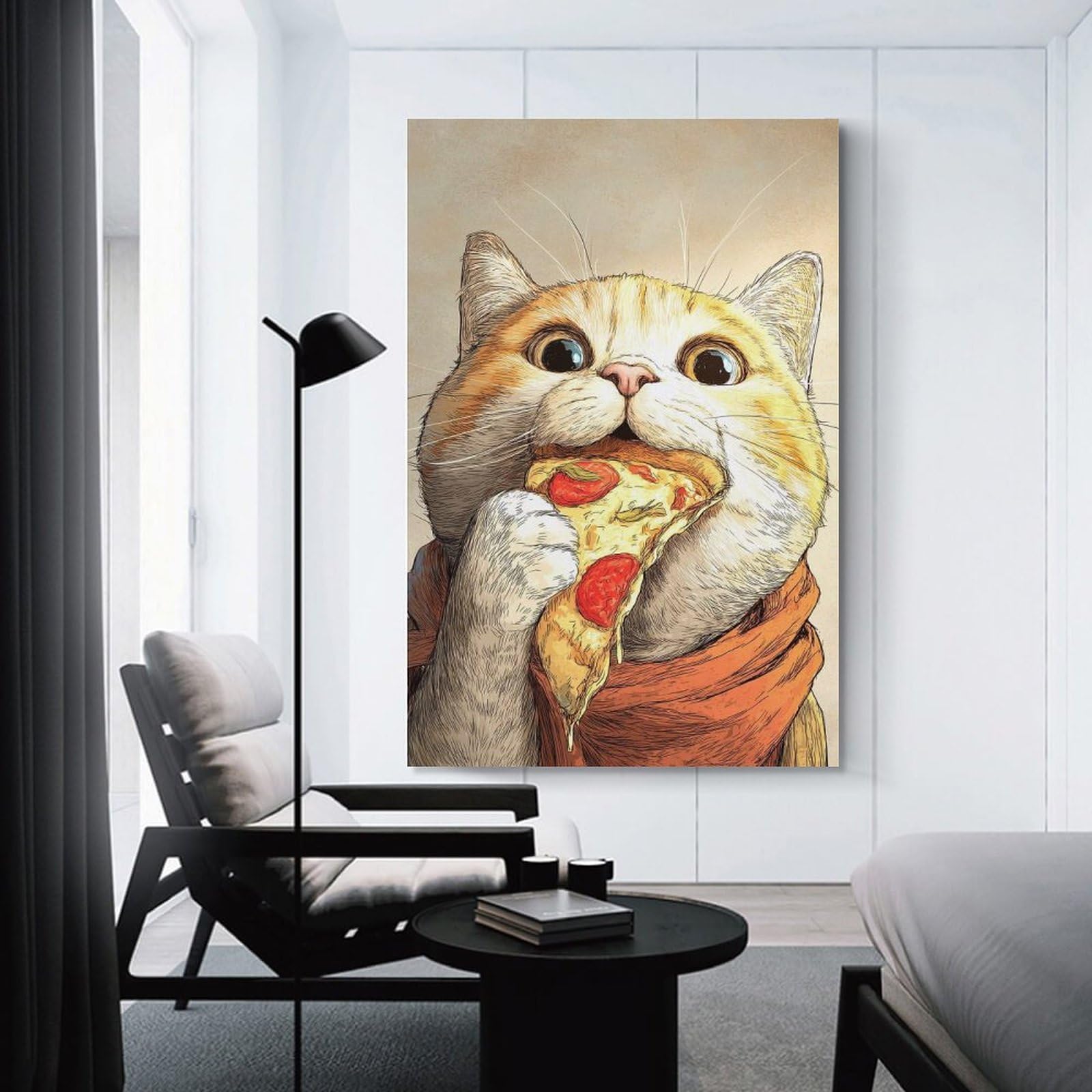 Junmoney Cat Eating Pizza Slice Illustration Room Decor Wall Art, 24x36inch(60x90cm), for Entrance Walls, Hall Decor Or Foyers, A Neat Decor Update for Hallways