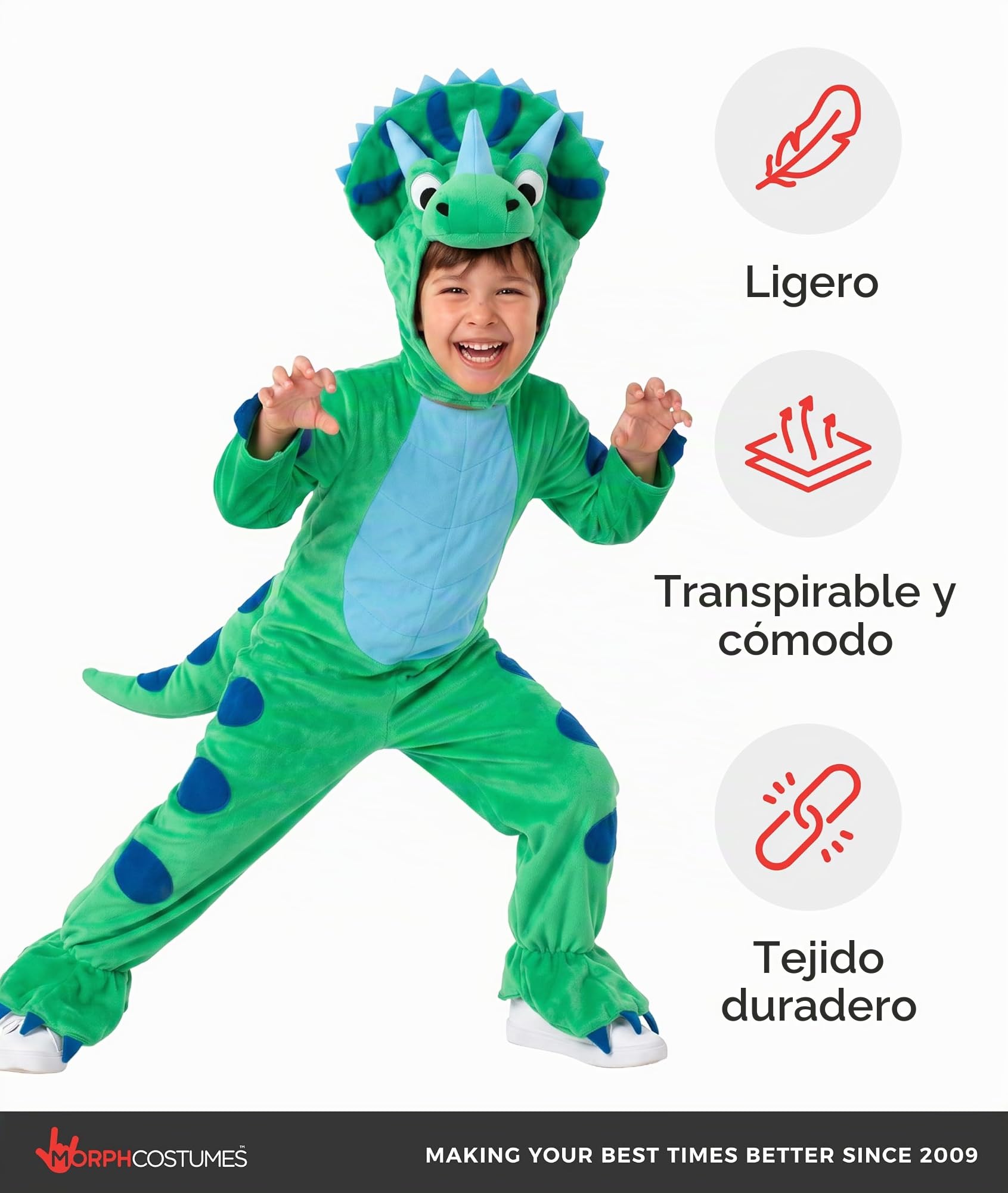 Morph Disfraz Dinosaurio Niño, Disfraz Triceratops Halloween Niño | Mono con Pies y Cola & Capucha de Triceratops, Para Poner, Perfecto para Halloween, Ideal para Juegos de Rol