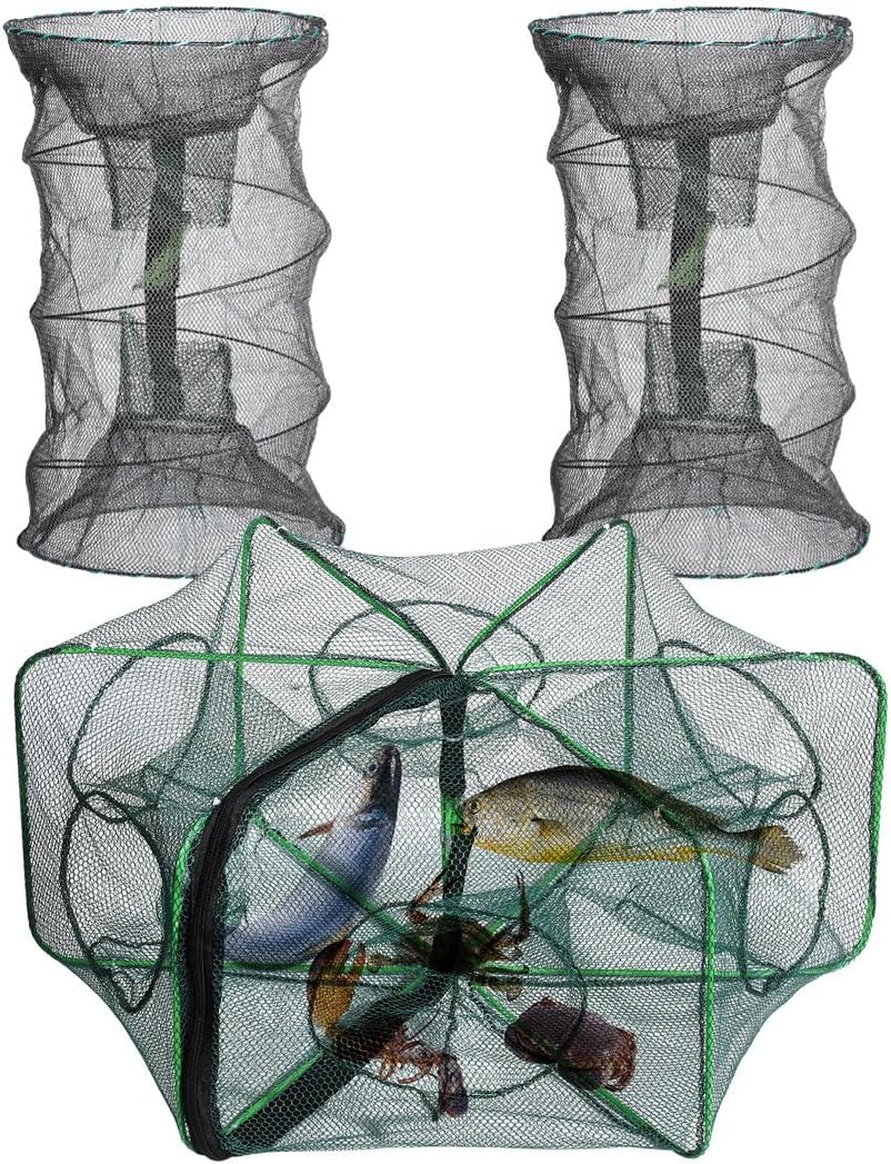 Portable Folded Fishing Accessories, 3 Pcs Lobster Shrimp Net Traps, Fishing Bait Traps, Fishing Net Traps, Cylindrical Hexagon Crab Traps Crawfish Fishing Mesh Nets