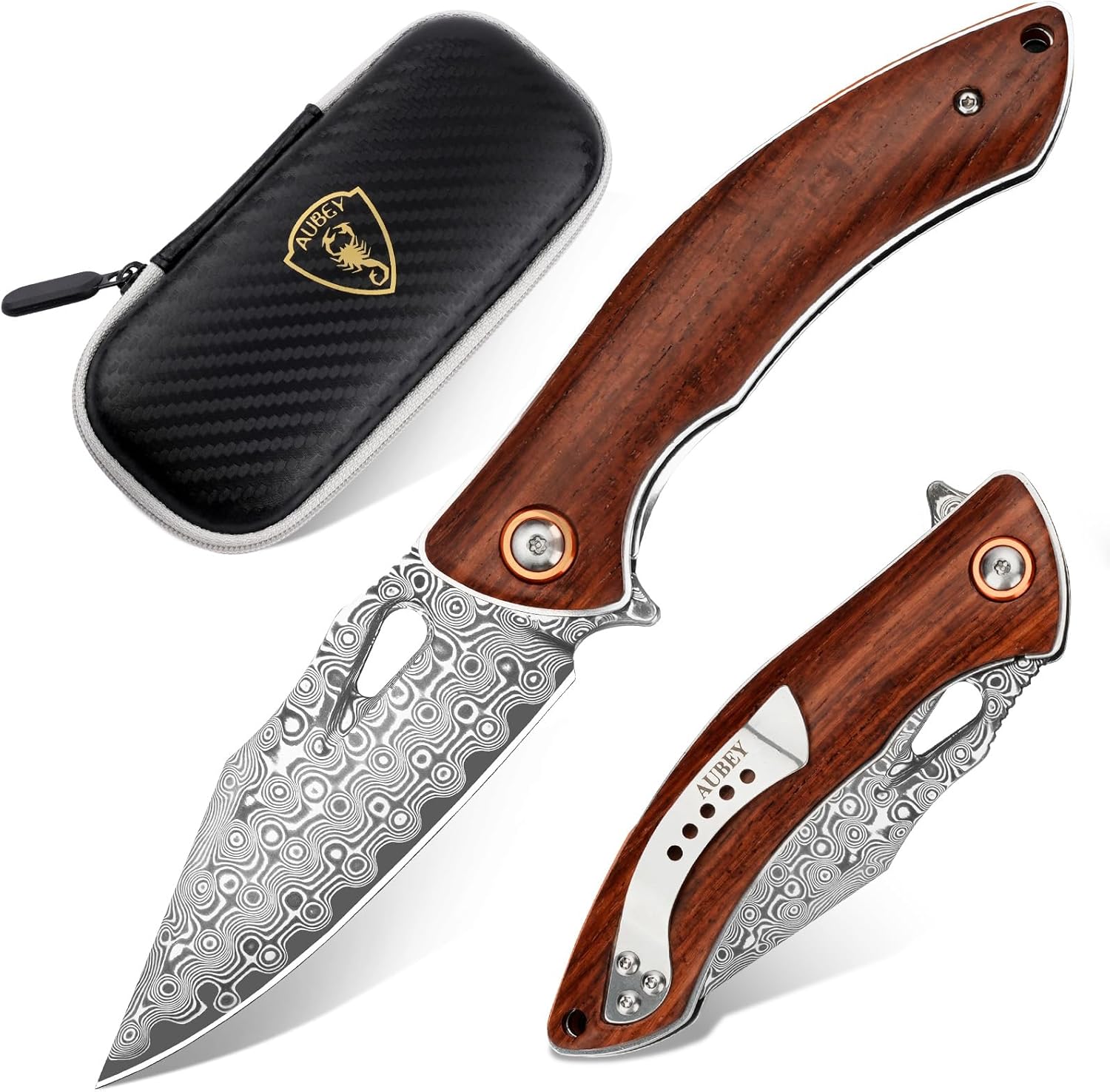 AUBEY Damascus Folding Knife with Clip, Pocket Knife with Wood Handle, EDC Knife for Outdoor Hiking Camping Collection (3.19" Blade)
