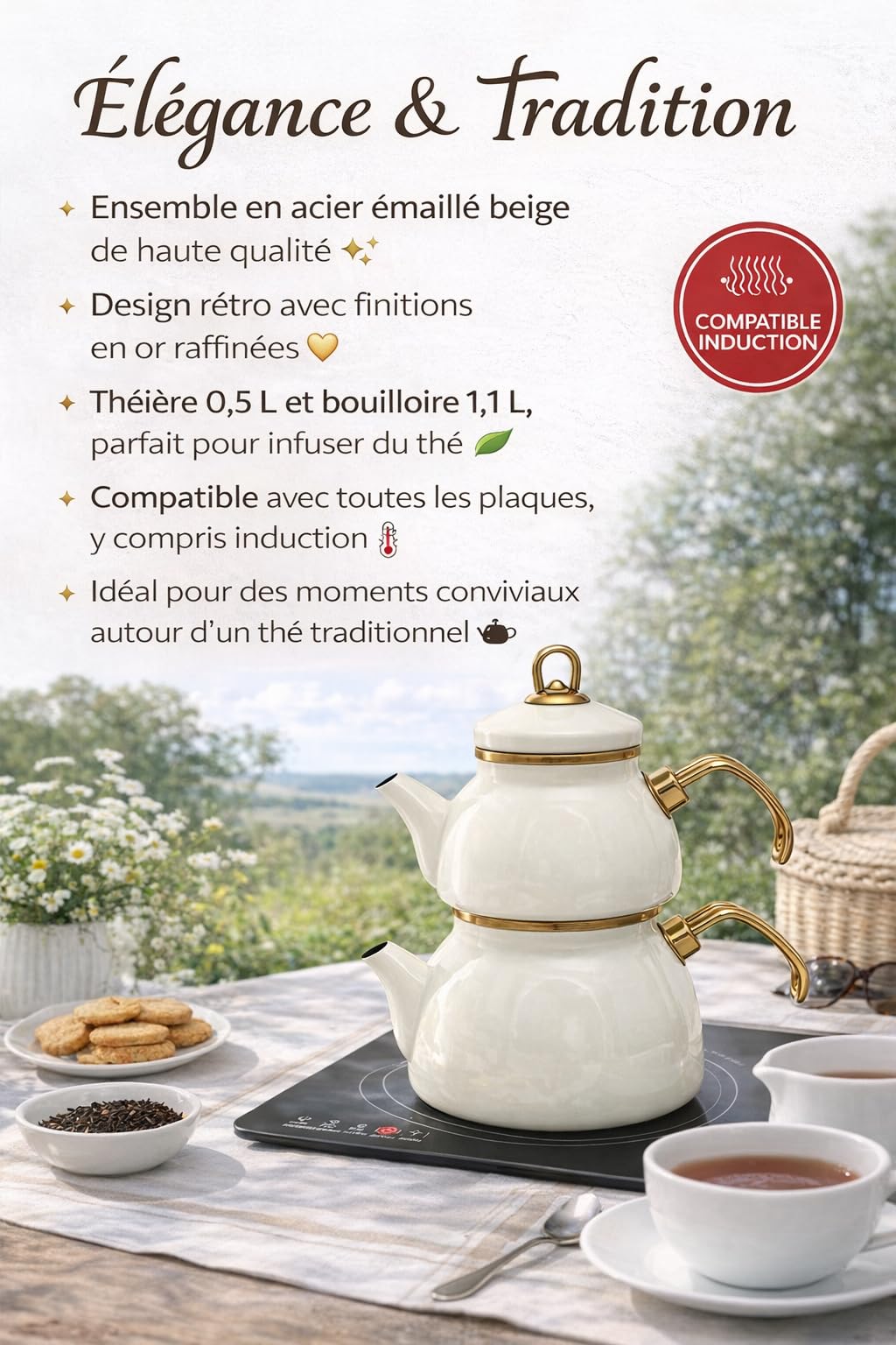 Théière Turque Mini 0,5 L avec Bouilloire 1,1 L en Acier Émaillé beige – Design Rétro – Compatible Induction – Idéale pour l'Infusion du Thé – LPP GRANDEUR 10