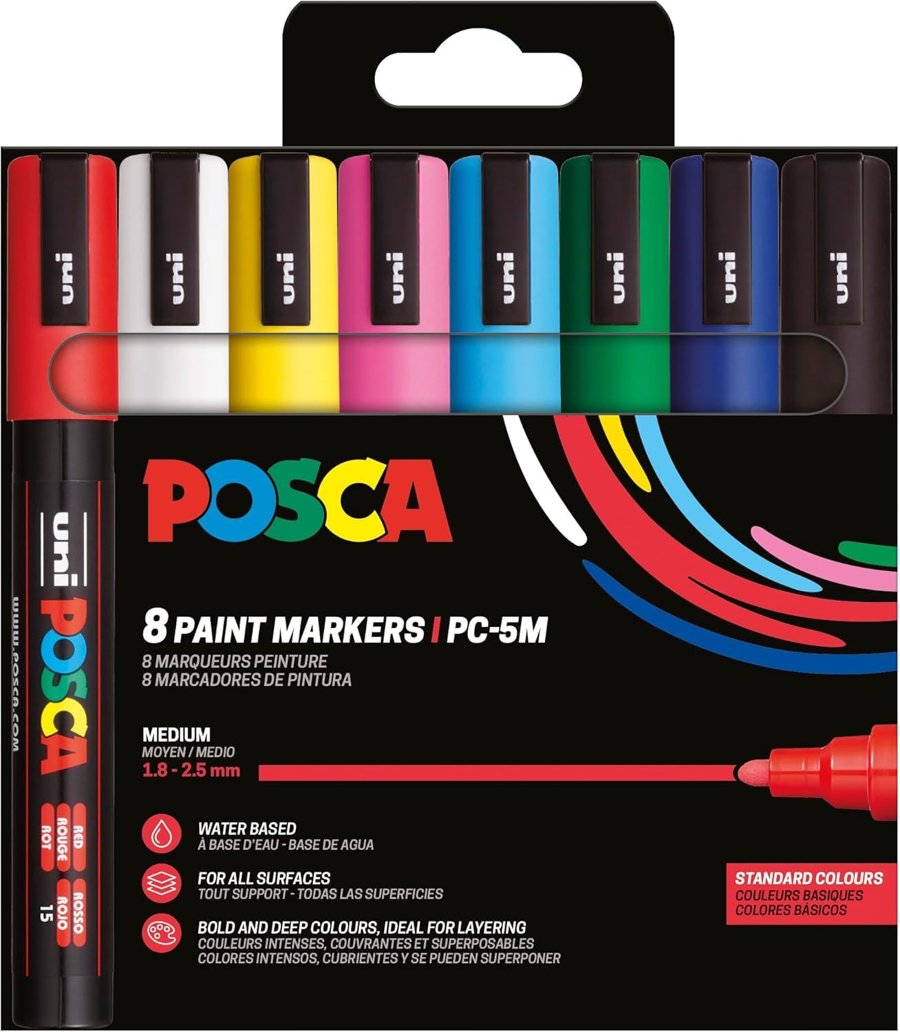 POSCA 182558 - Set de rotuladores POSCA, 8 rotuladores acrílicos PC-5M, rotuladores permanentes con punta redonda de 1,8-2,5 mm