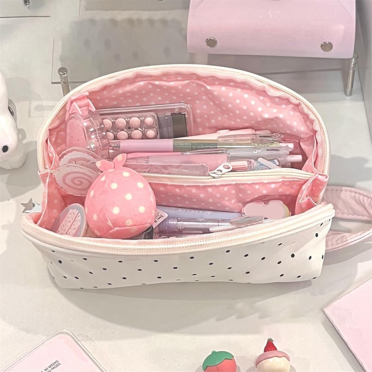Y2K Polka Dot Pencil Case Women Cutecore Cute Kawaii Stationery Organizer Bag Pen School Supplies Holder Pouch (Polka Dot-F)